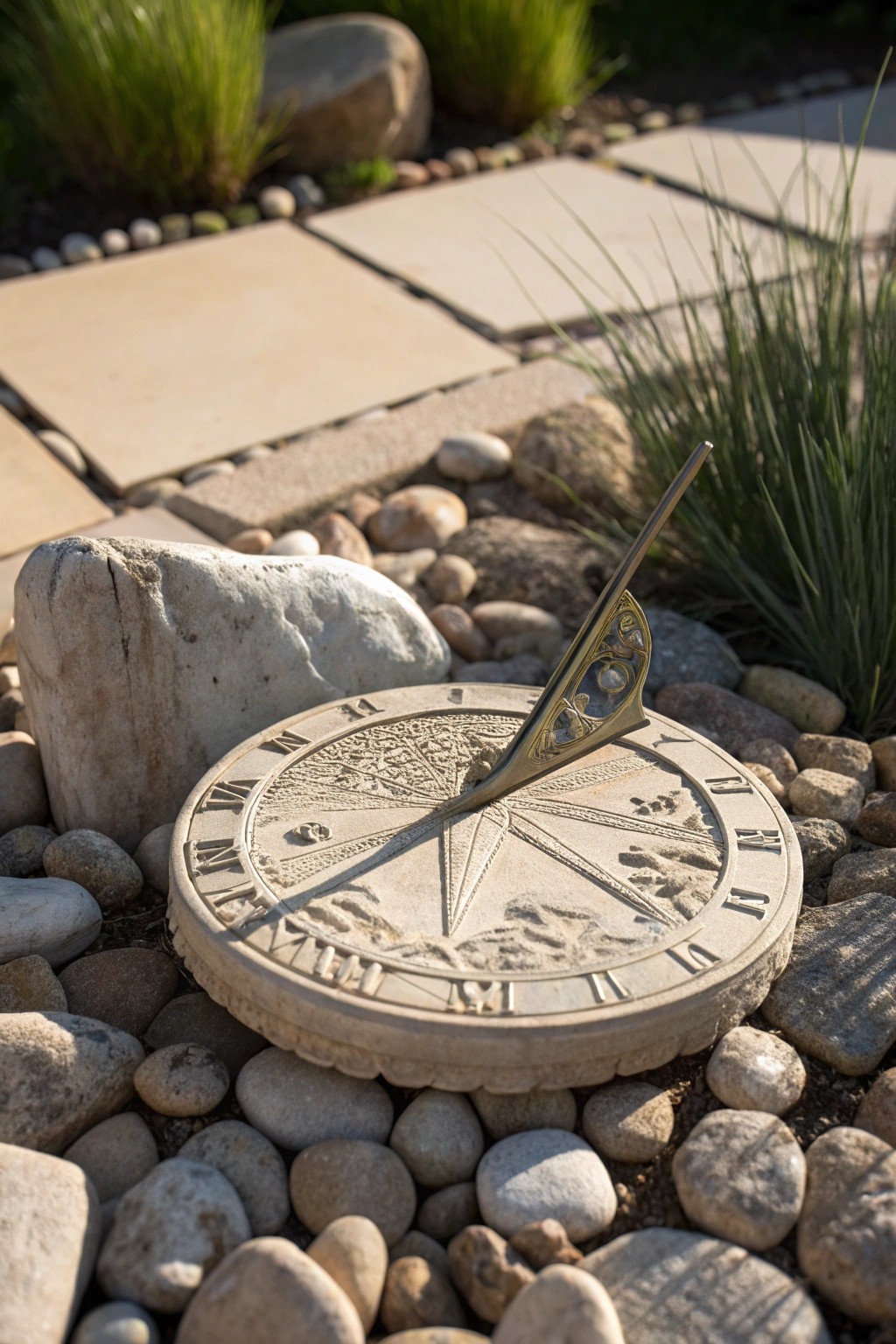 Let your rock garden shine with a timeless sundial centerpiece—effortless beauty, no maintenance required.