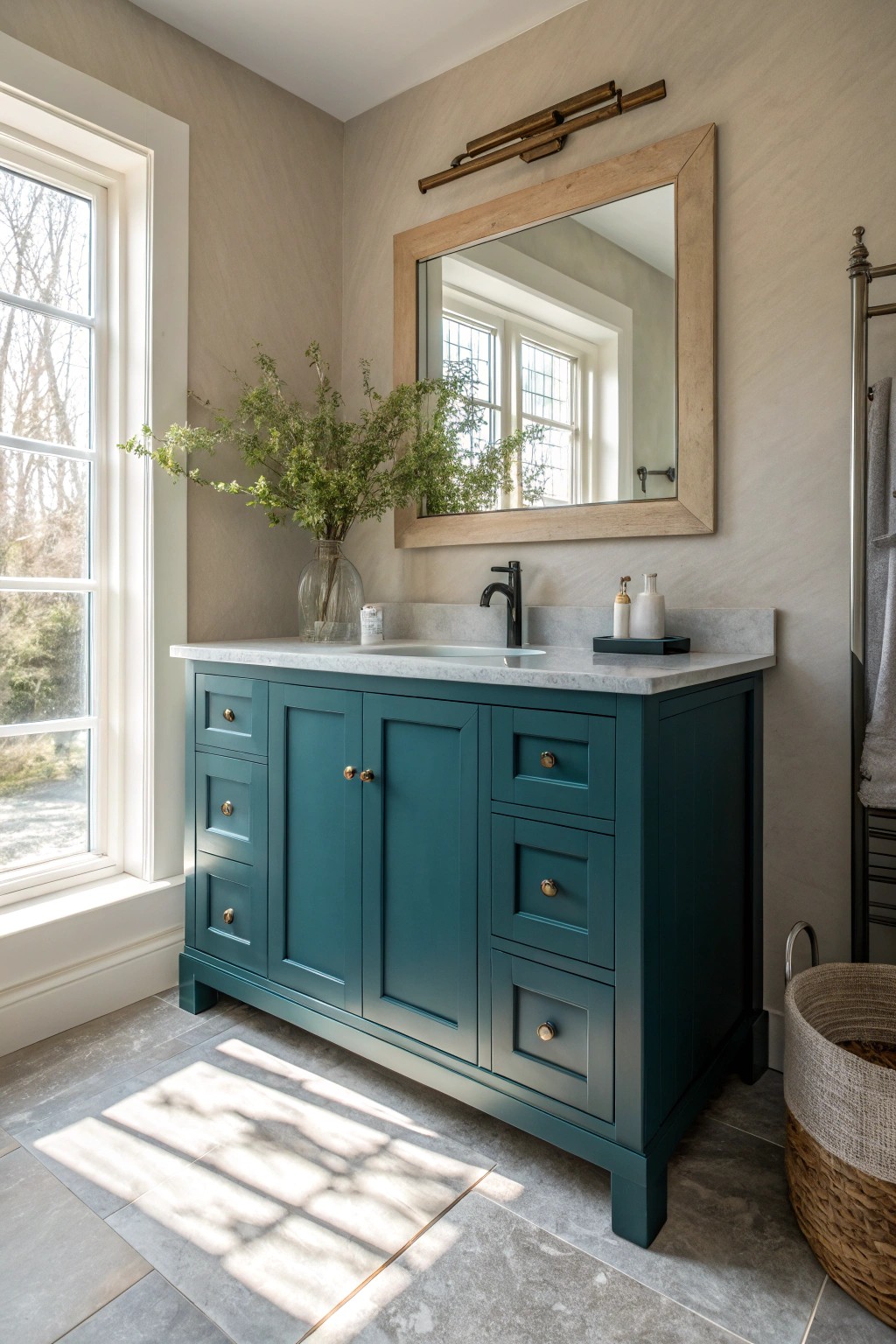 A bold teal vanity brings unexpected luxury and artistry to a serene master bathroom.