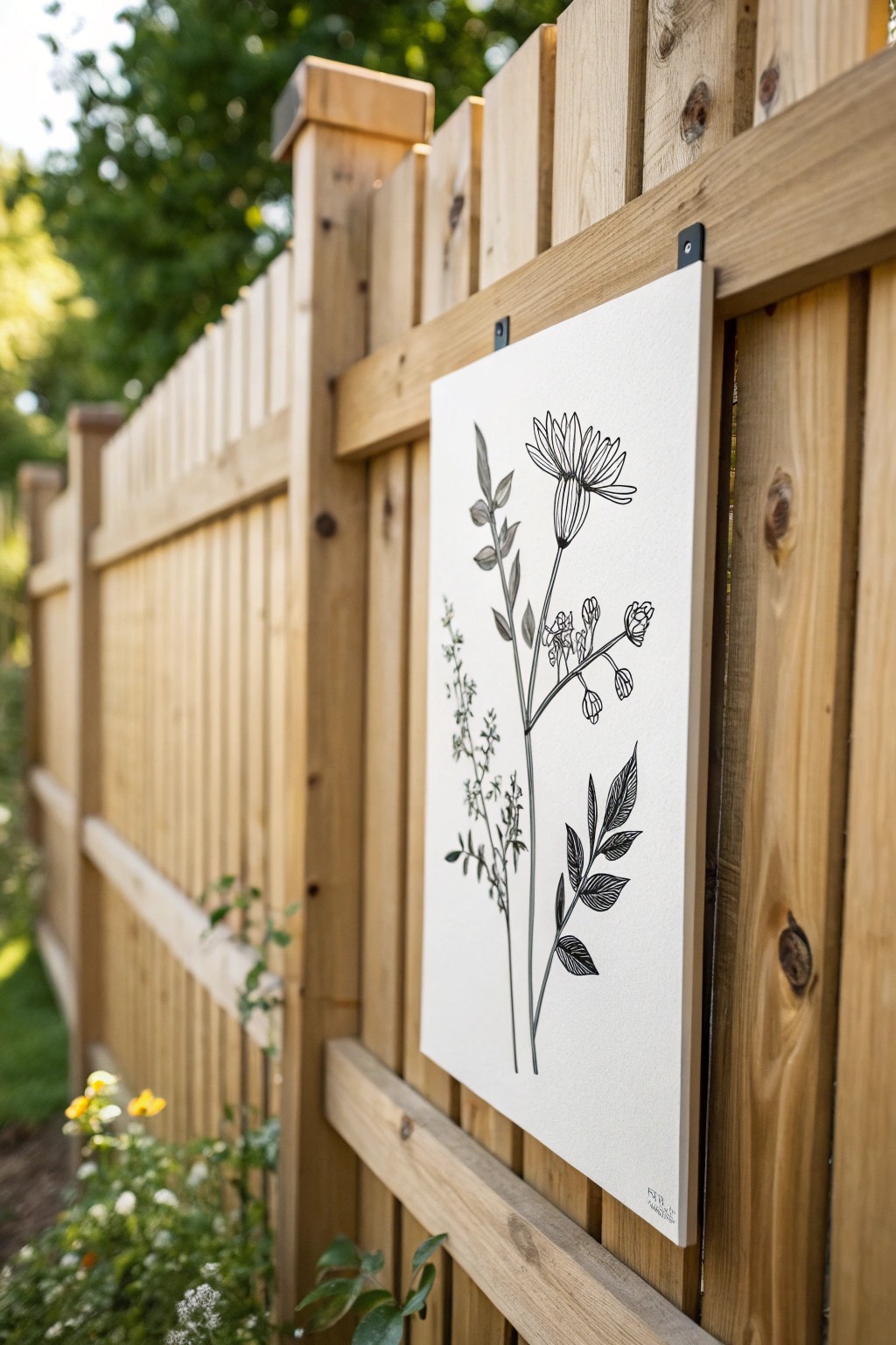 Bring gallery charm outdoors with a weatherproof art print on your backyard fence.