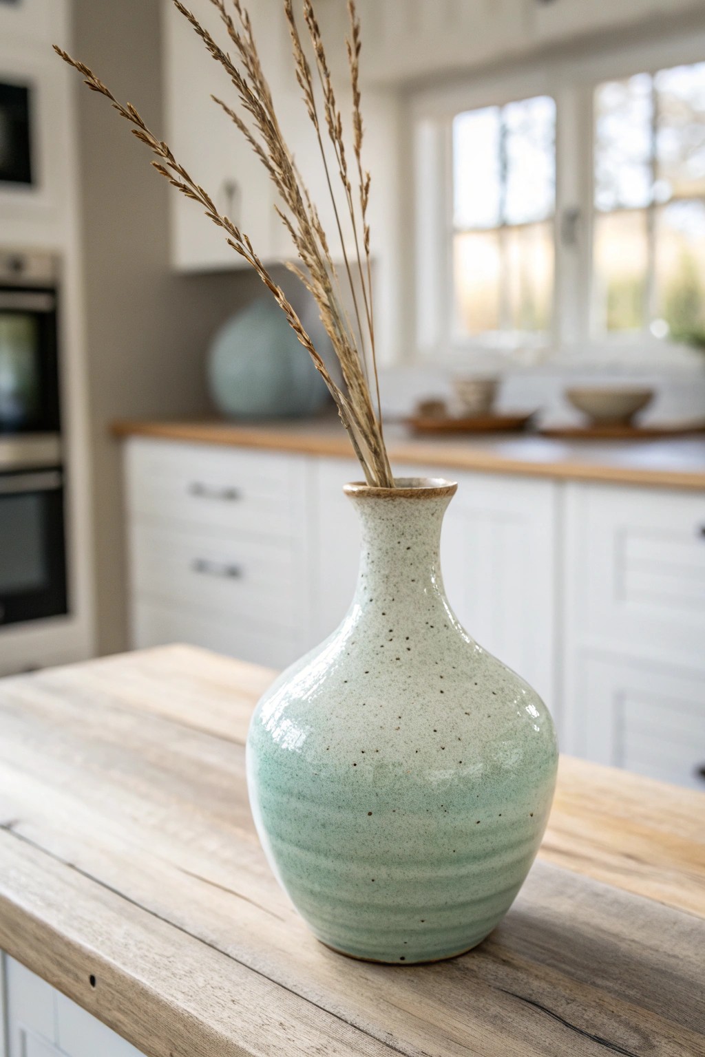 Simple coastal elegance: a handcrafted ceramic vase brings subtle beach vibes to your kitchen.
