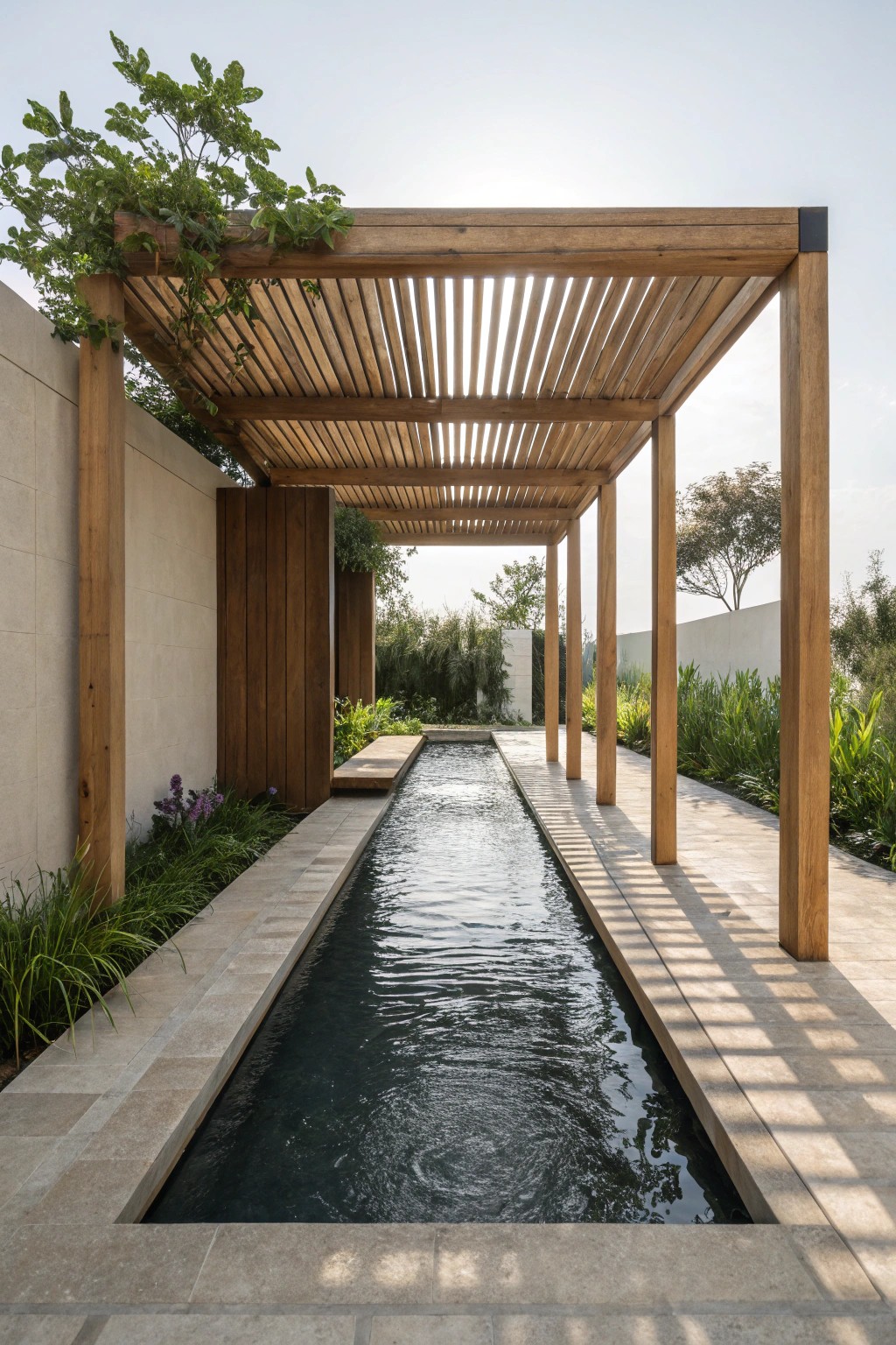 Modern pergola meets water feature—serenity and style in perfect harmony.