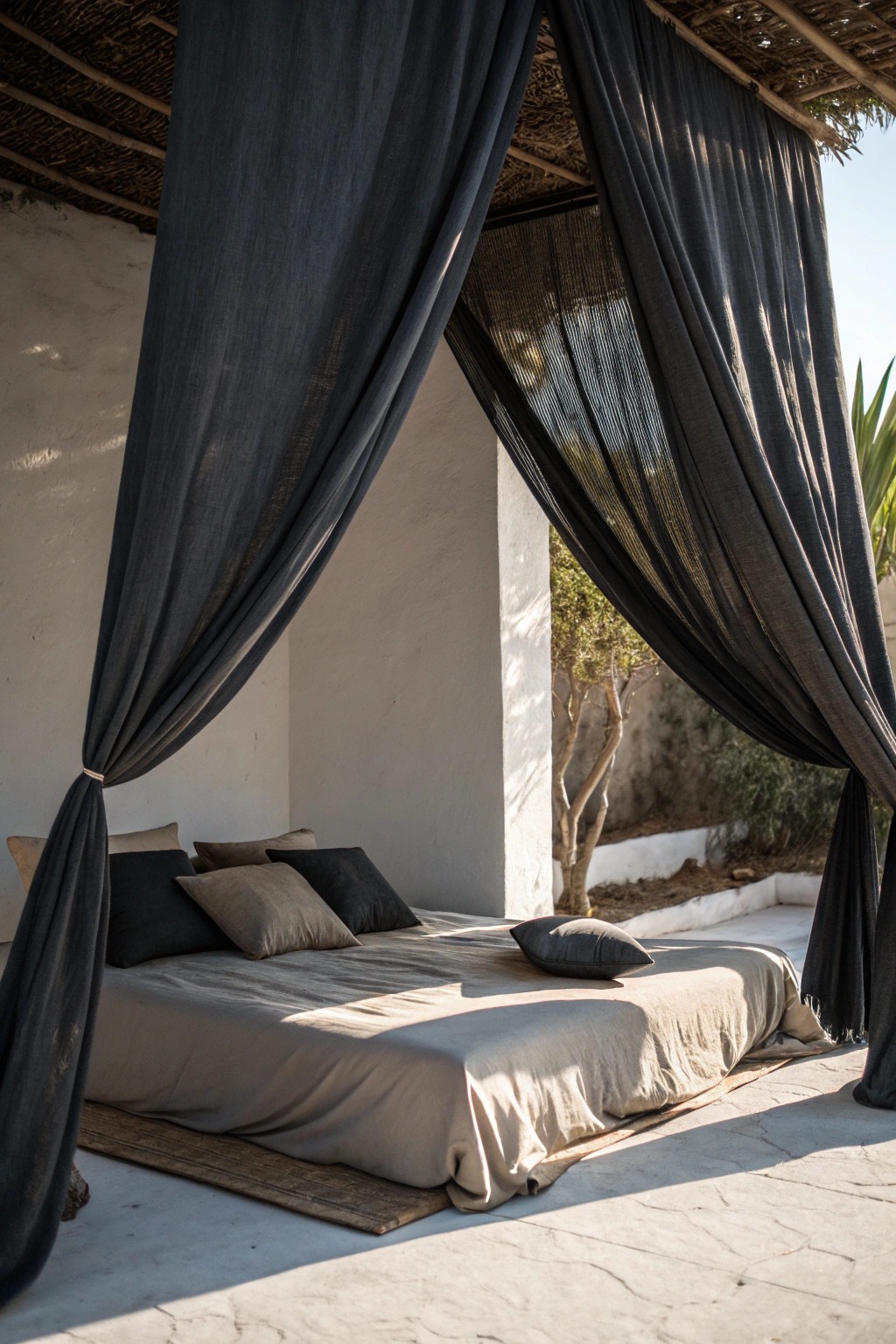Transform your bedroom into a cozy retreat with a moody fabric canopy.