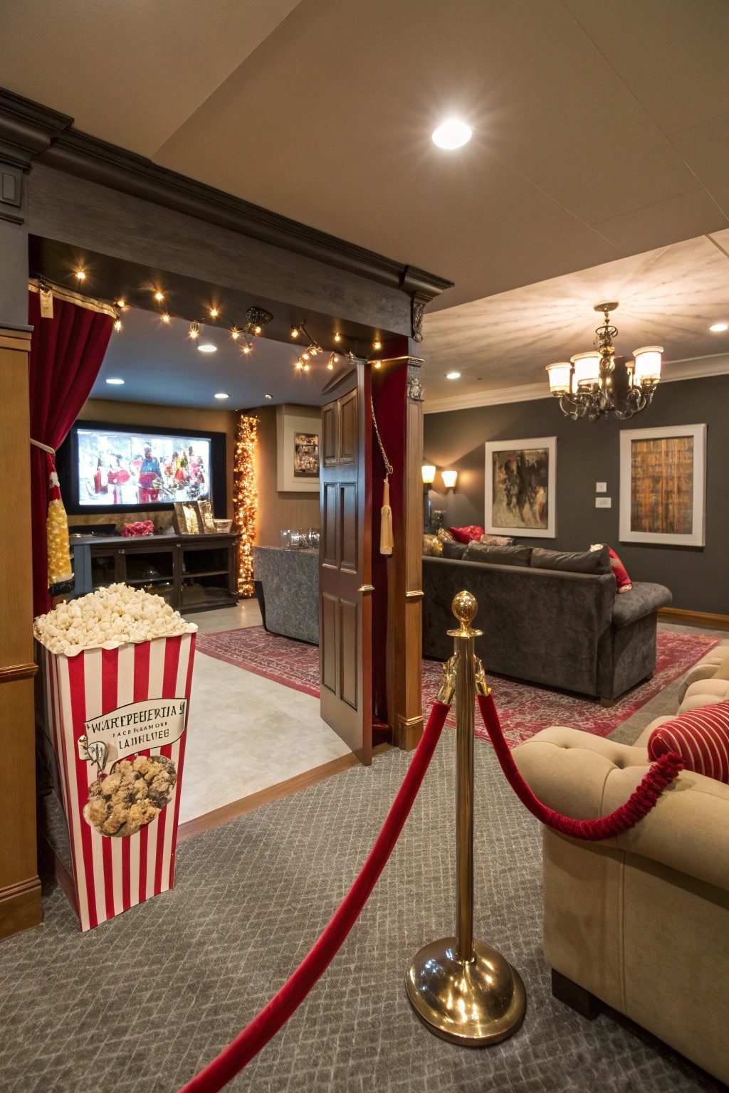 A personalized entry or snack bar adds playful theater magic to your movie room.