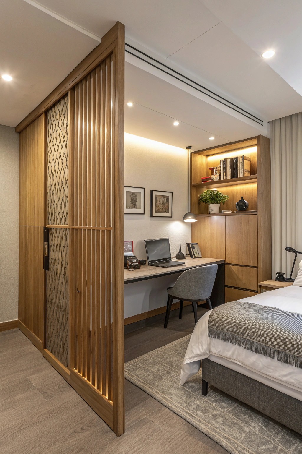 Sliding screens elegantly divide work and guest areas as needed.