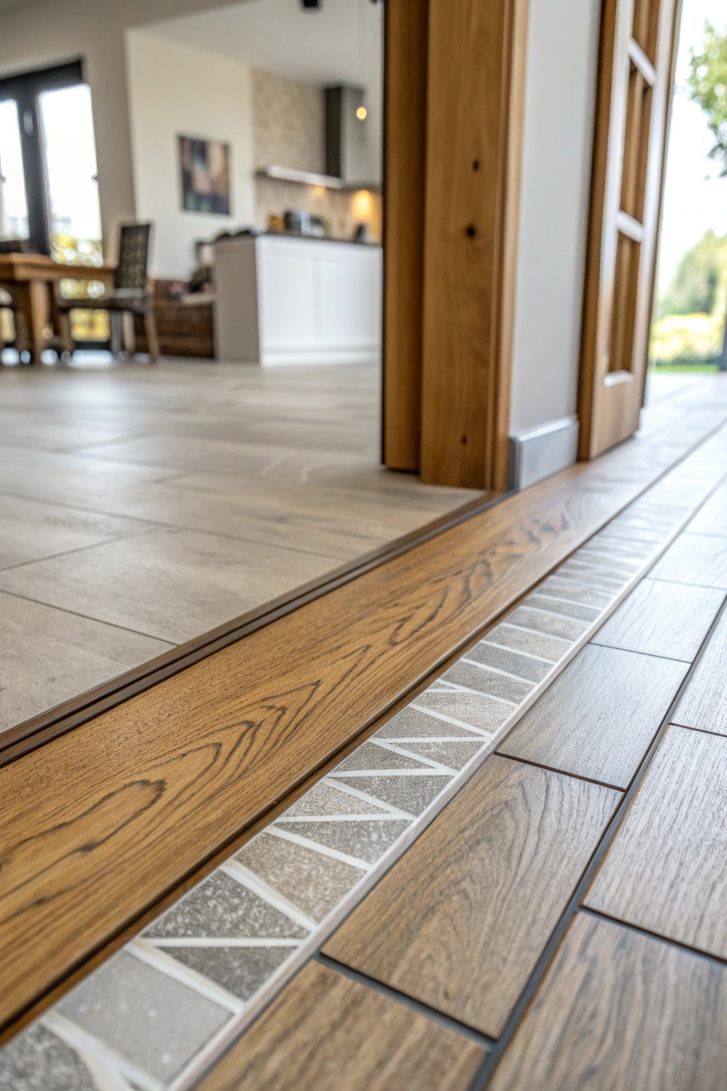 Bold floor transitions: where wood meets tile in perfect harmony.