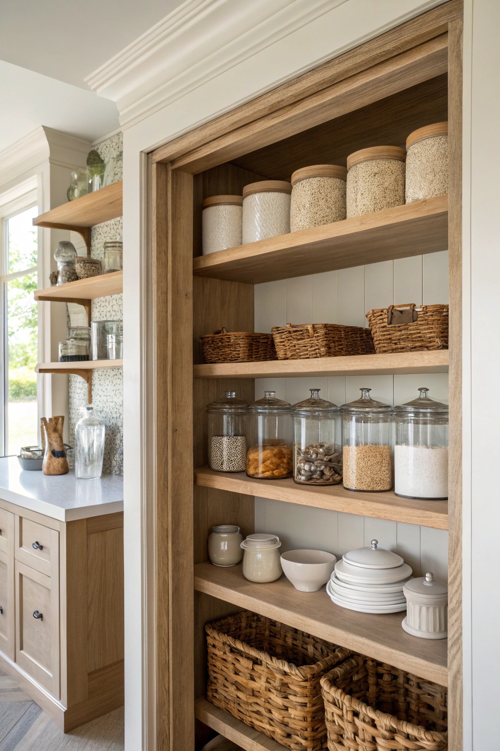 Elevate your kitchen with a stunning open pantry framed by artisan woodwork—where organization meets elegance.