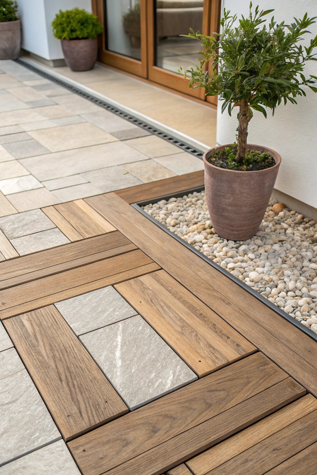 Elevate your patio with a stunning multi-material floor design that celebrates natural beauty and handcrafted detail.