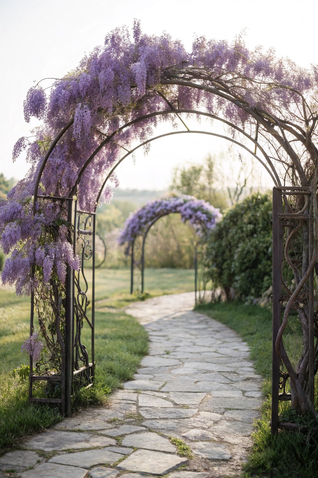 Step into tranquility—wisteria-draped archways elevate any paver walkway.