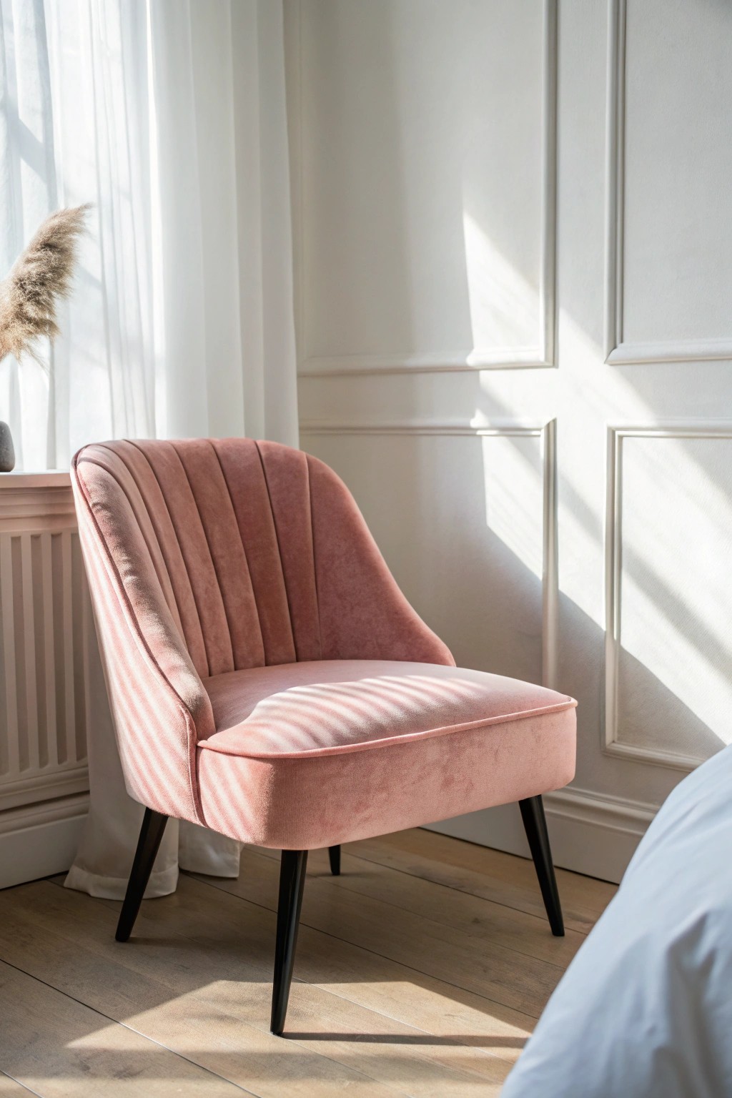 Elevate your bedroom with a beautifully crafted pink velvet chair—where color meets cozy texture.