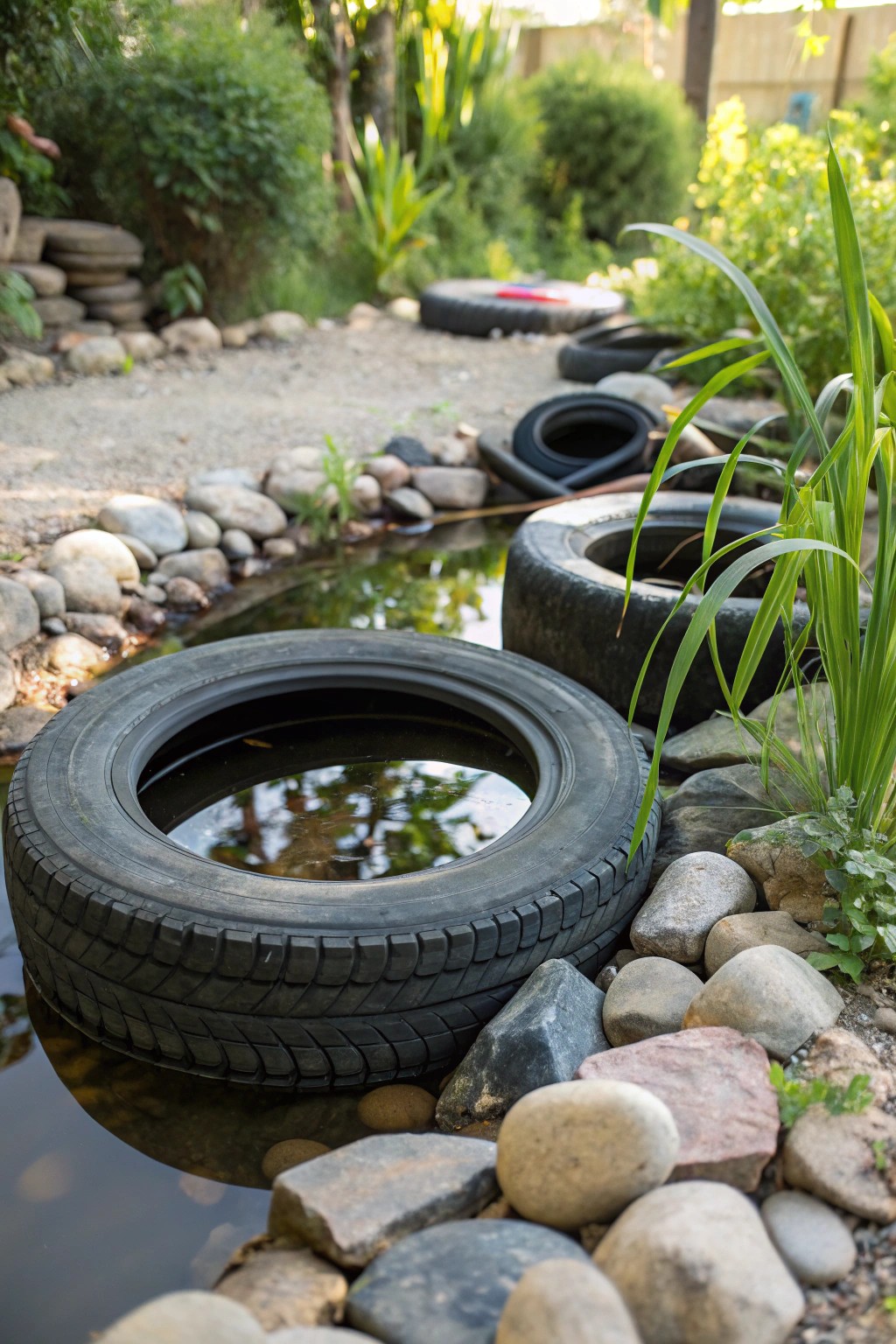 Transform old tires into a stunning, eco-friendly pond centerpiece.