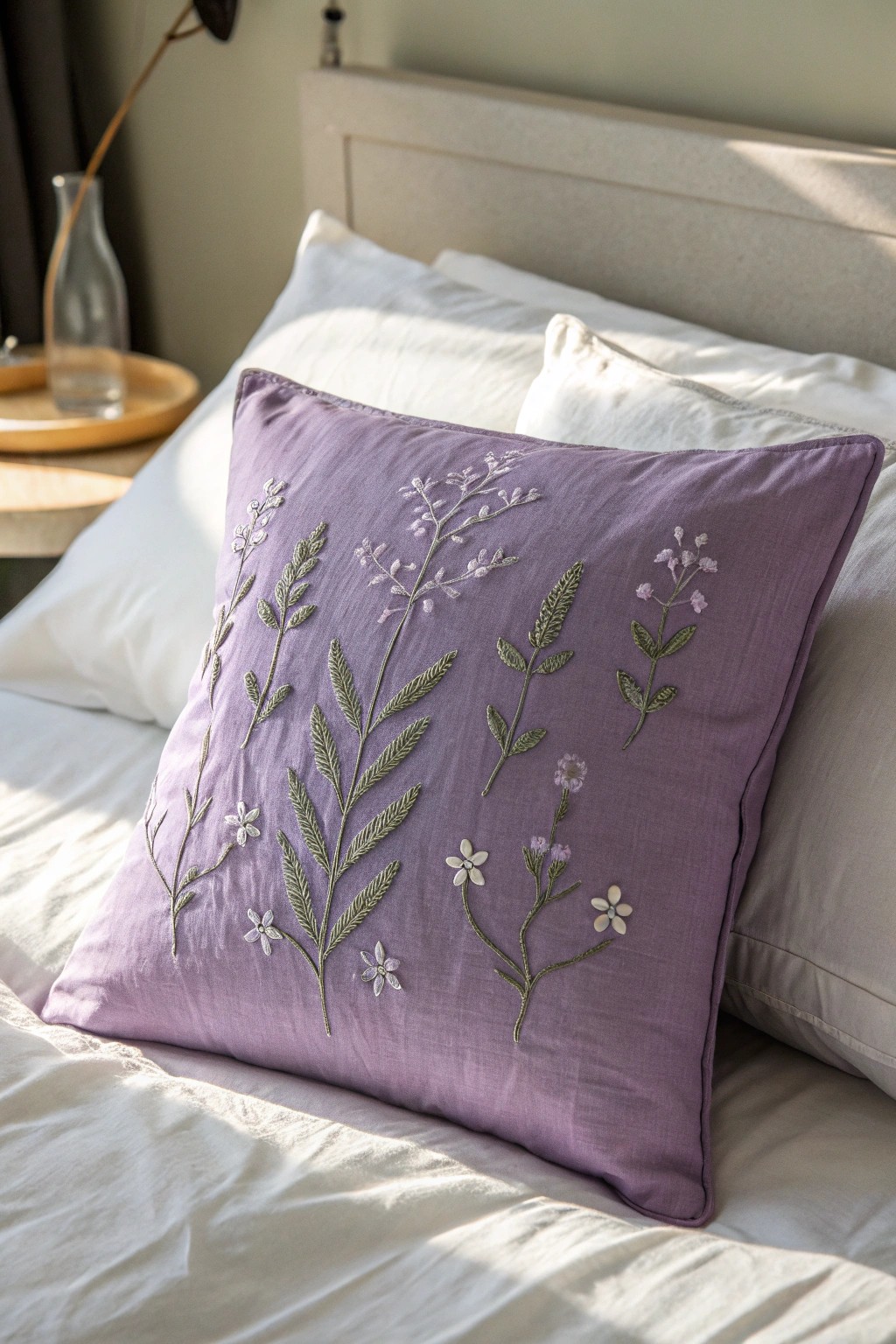 Elevate your bedroom with a touch of purple floral artistry.