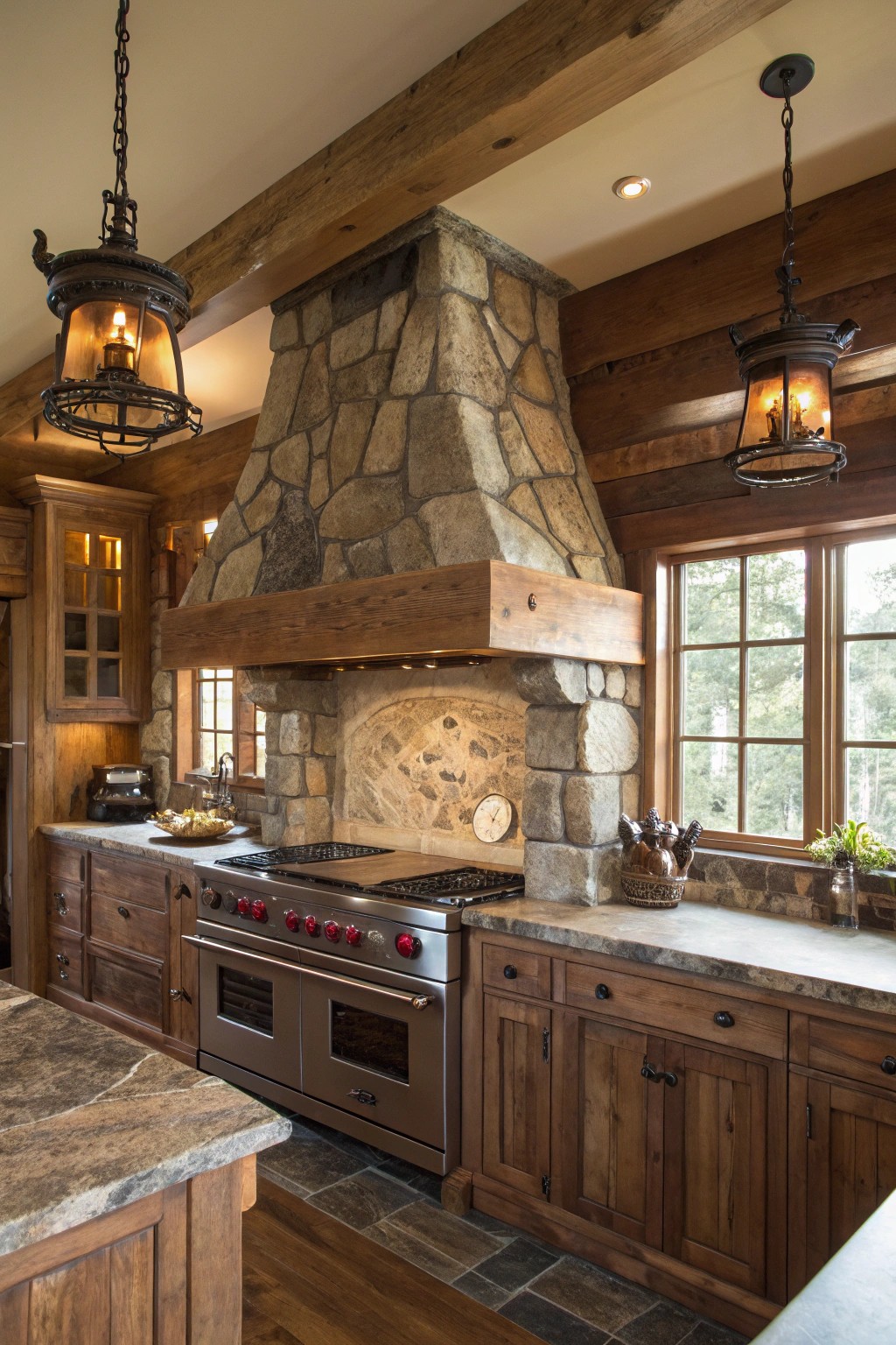 A rustic range hood serves as both a functional and artistic focal point.