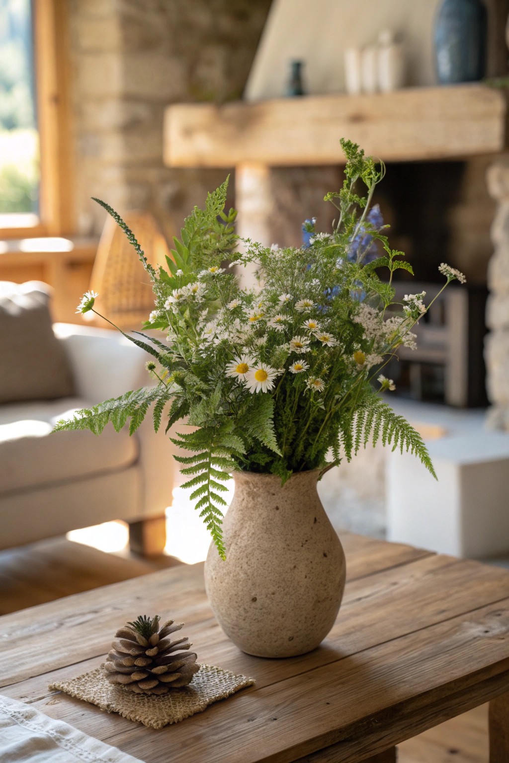 Bring rustic charm to your living room with a simple wildflower and fern arrangement.