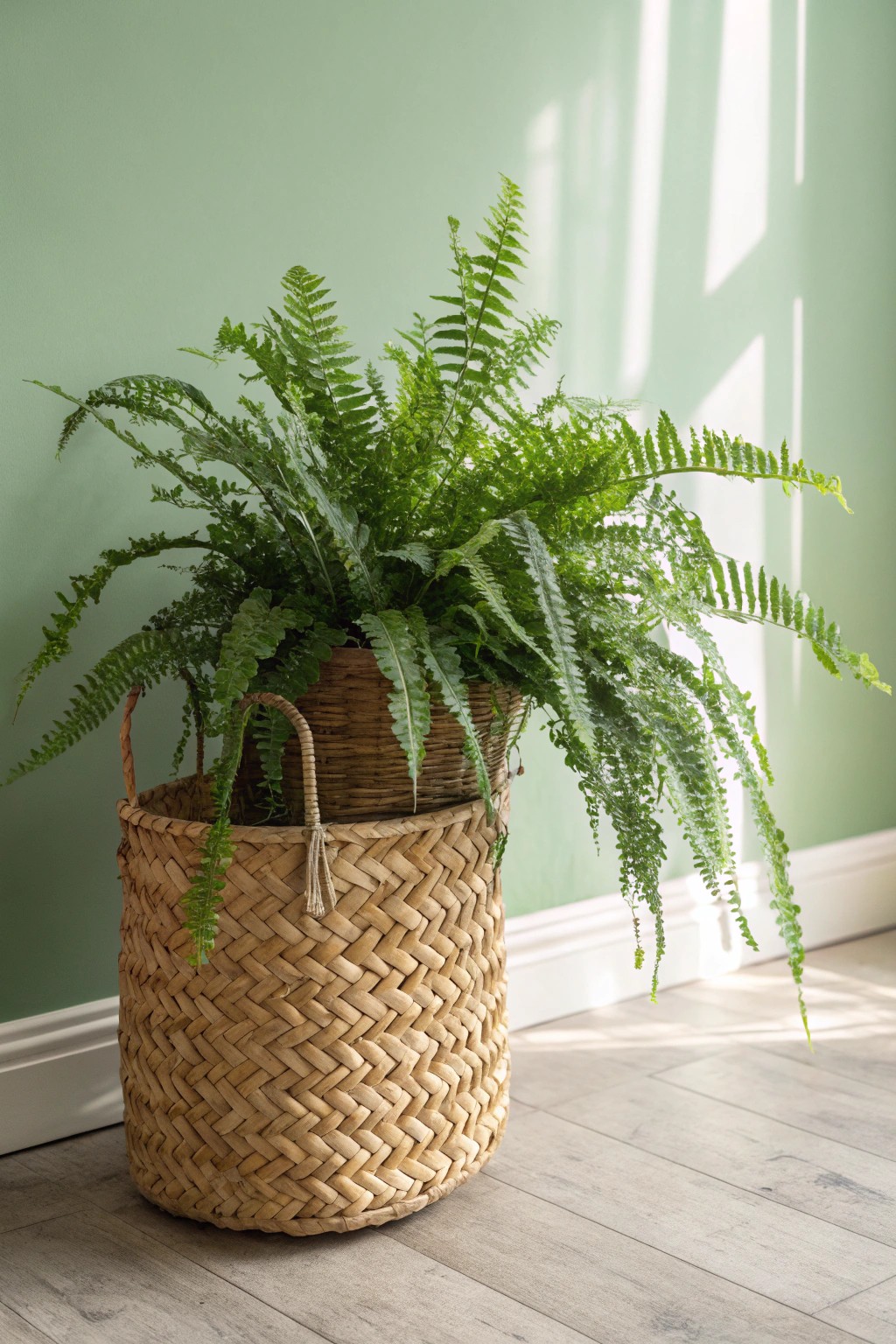 Elevate your sage green bedroom with a statement plant in a woven basket—pure, natural beauty.