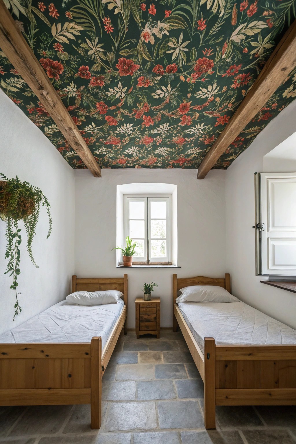 Make a statement in small bedrooms with a bold wallpapered ceiling—style meets simplicity.