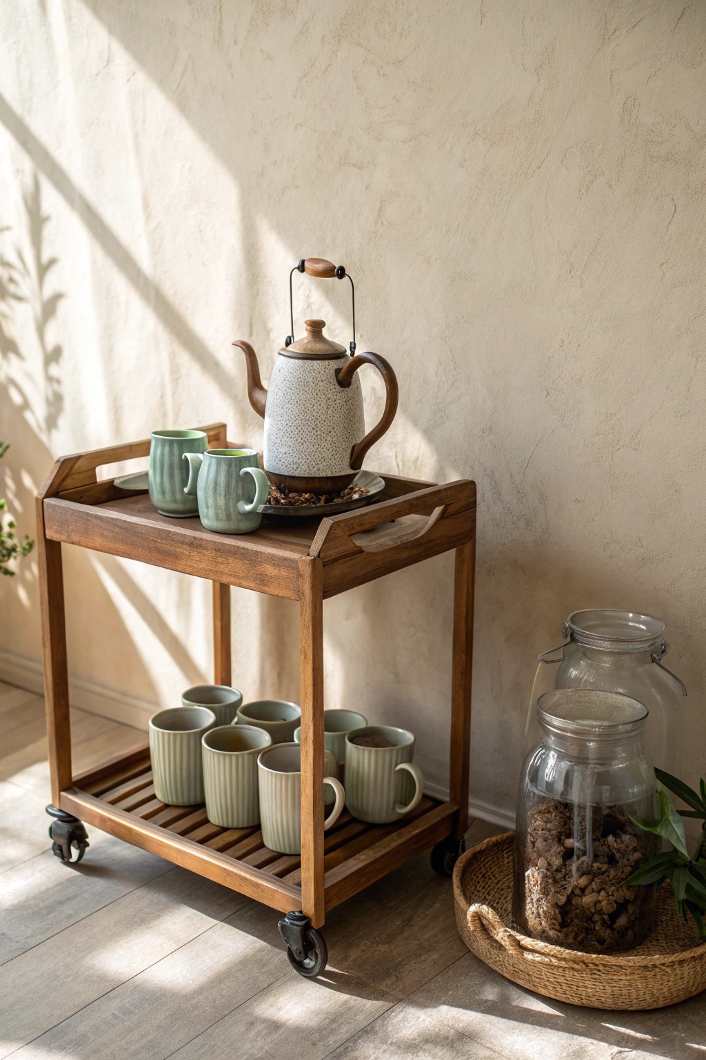Create a cozy retreat with a charming mini coffee and tea bar—simple luxuries for your she shed sanctuary.