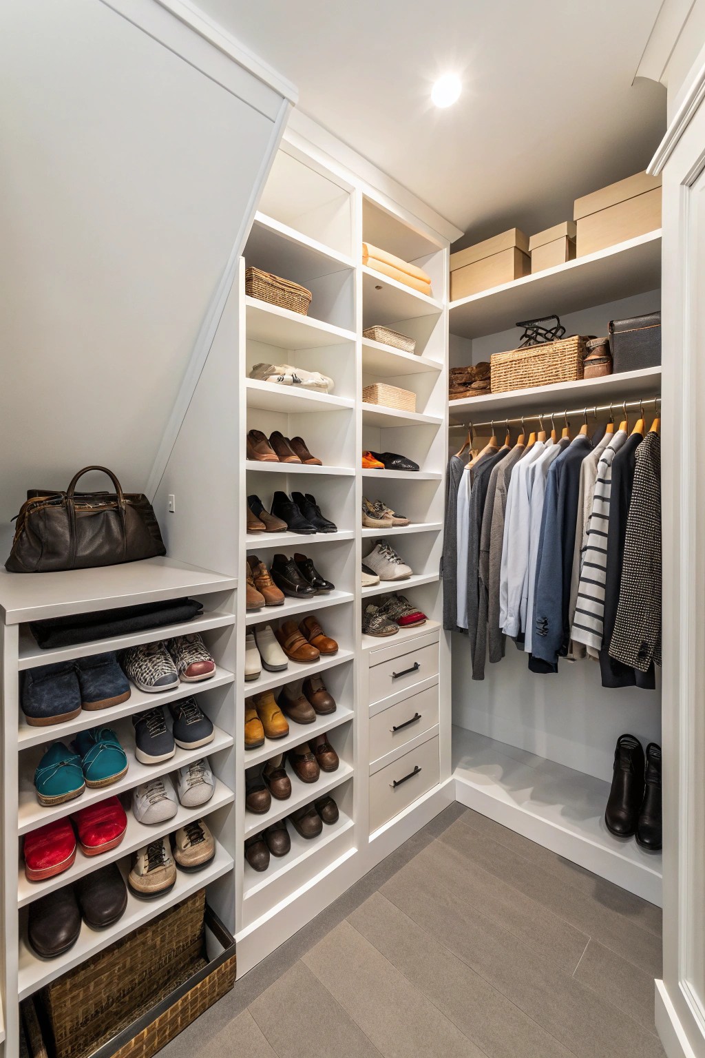 Angled shelves make the most of awkward, unused closet corners.