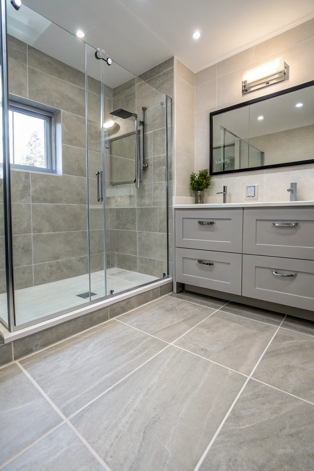 Large tiles deliver a serene, contemporary look.