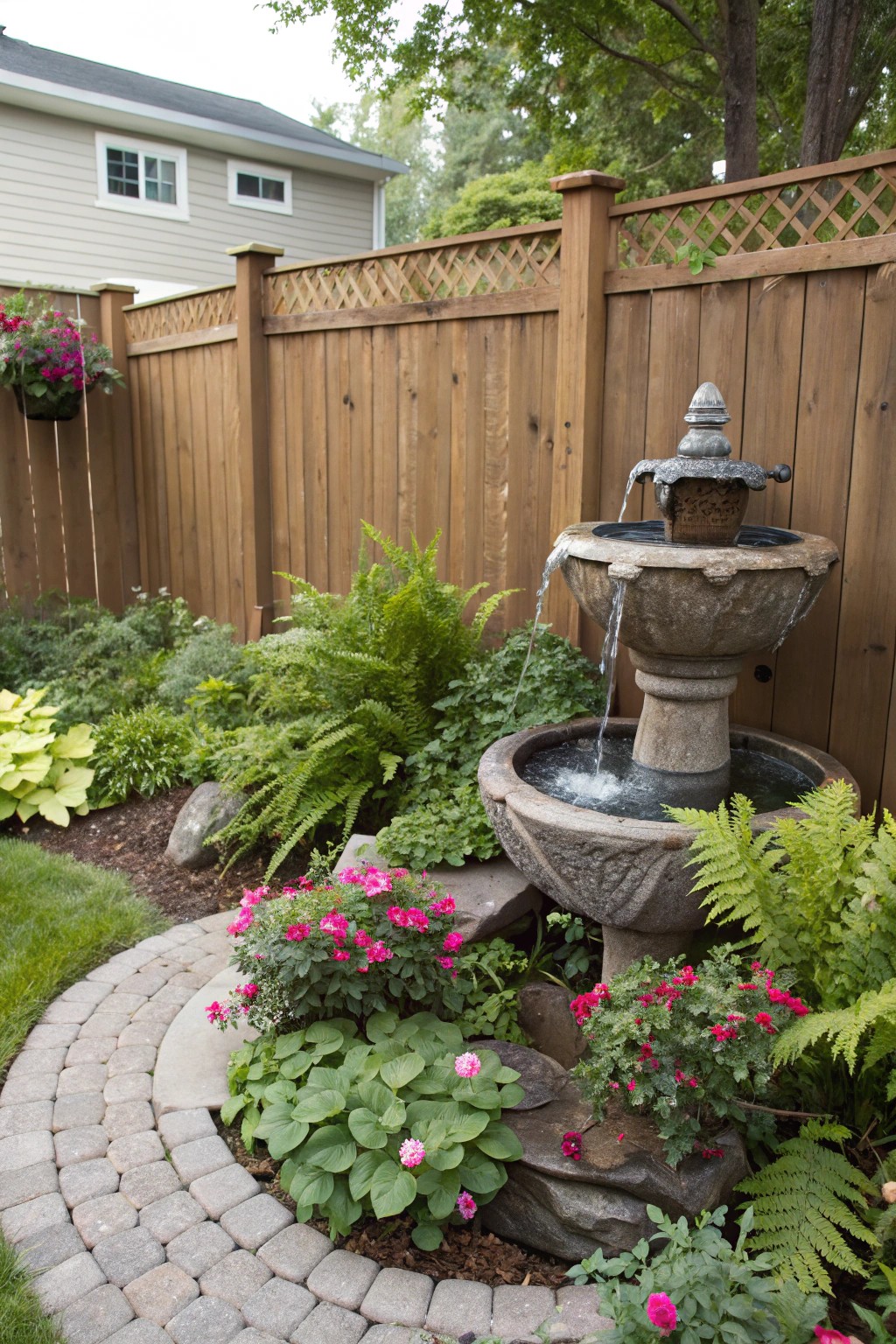 A water feature by the fence adds peaceful sound and movement.