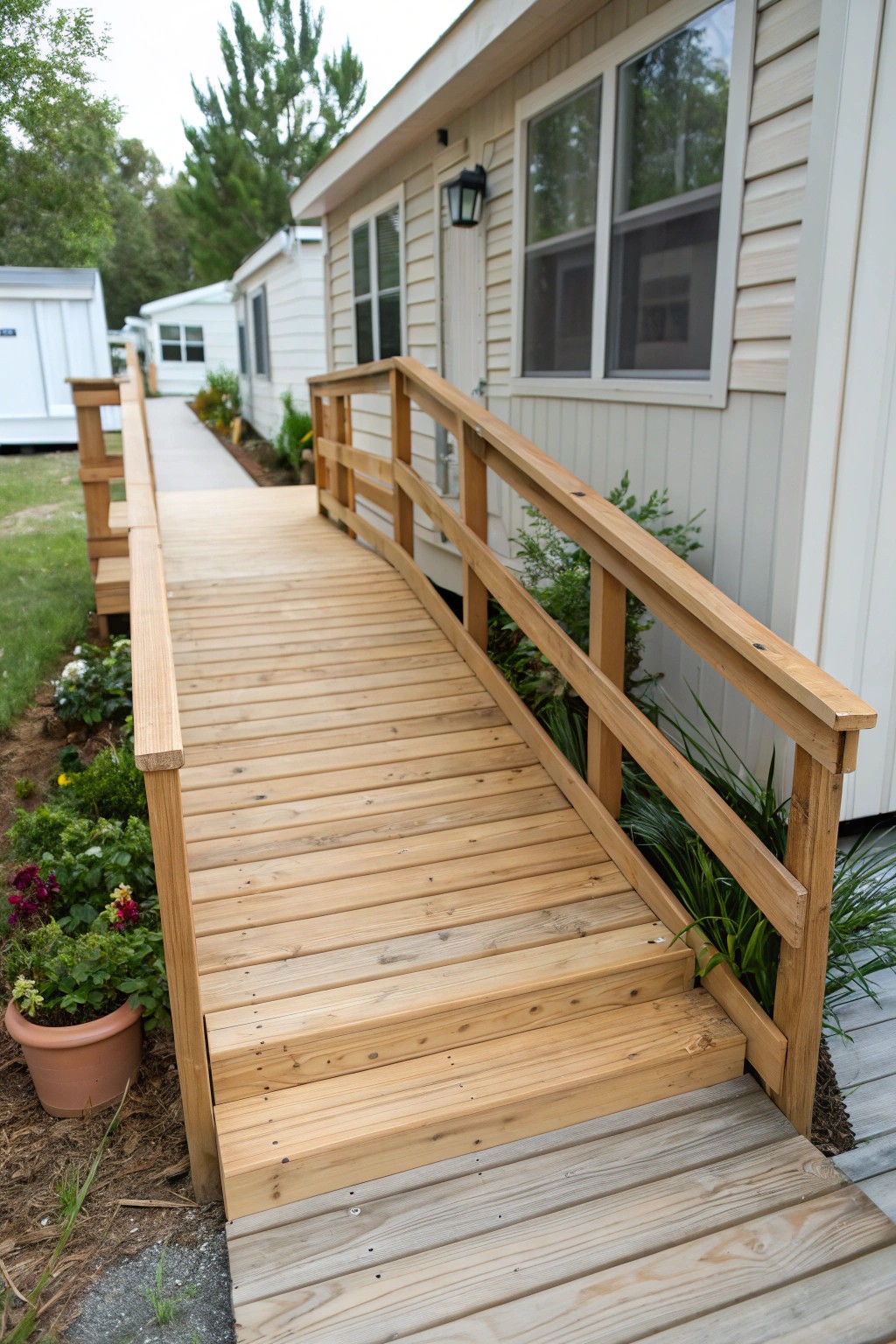 Seamless accessibility: A stylish wooden ramp blends function and beauty for your mobile home porch.