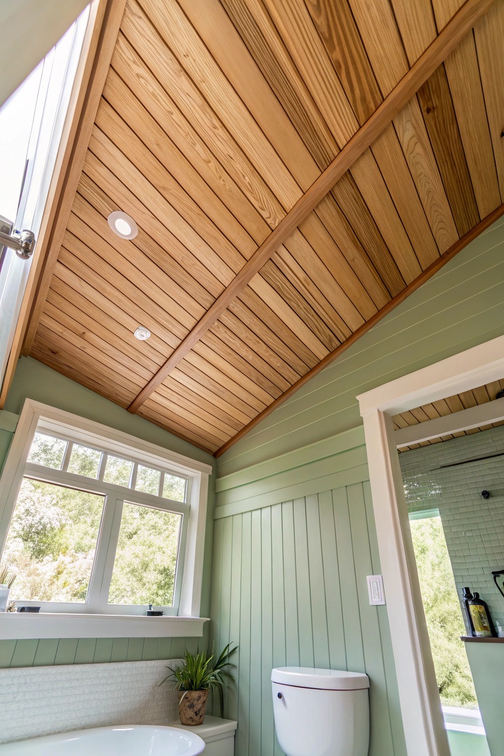 Elevate your small bathroom with a touch of wood—let the ceiling become your statement piece.