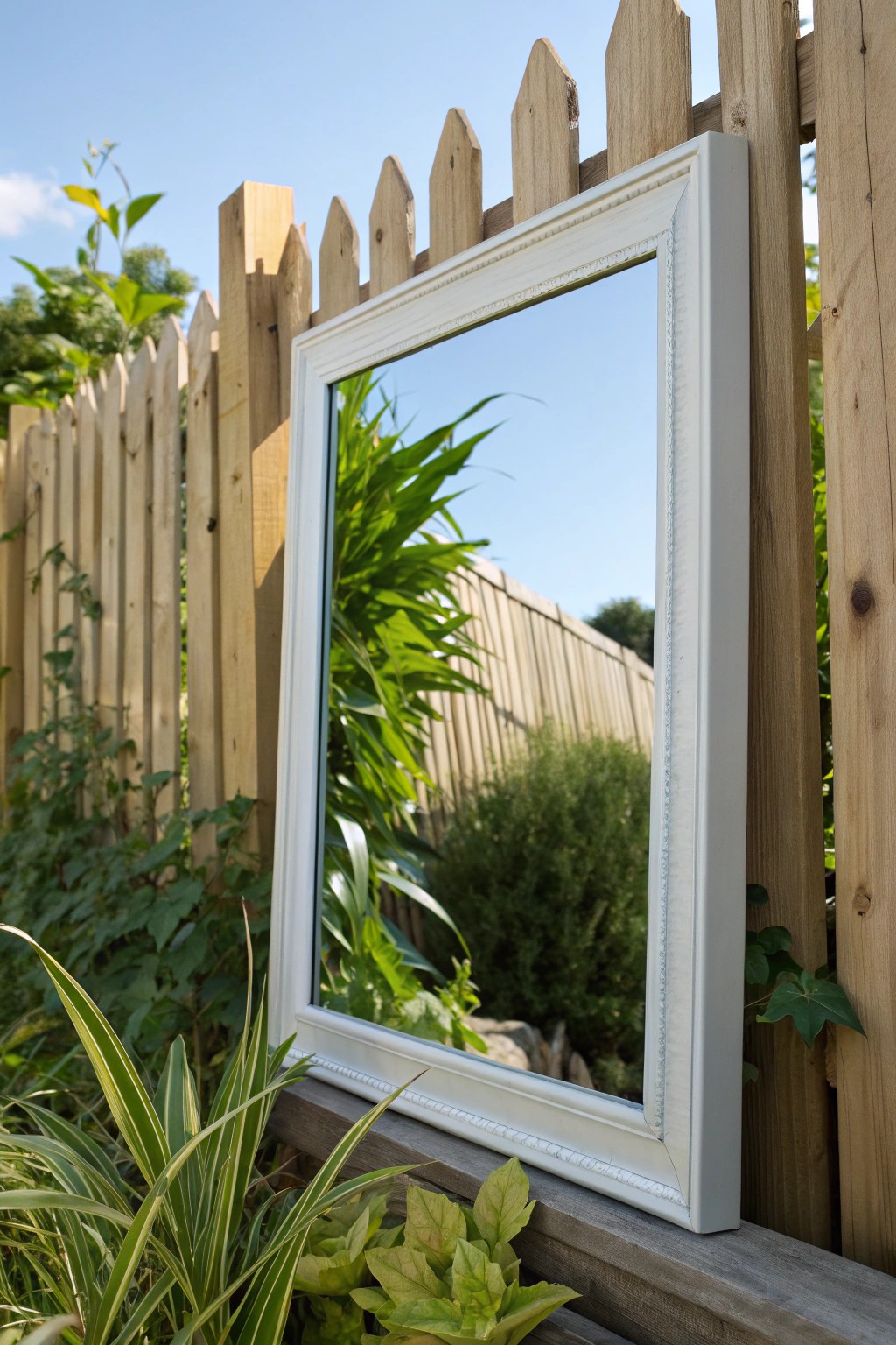 A weatherproof mirror transforms a small front yard, doubling the view with simple, natural elegance.