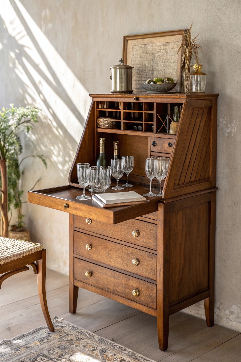 Transform a vintage secretary desk into a stunning small home bar centerpiece.