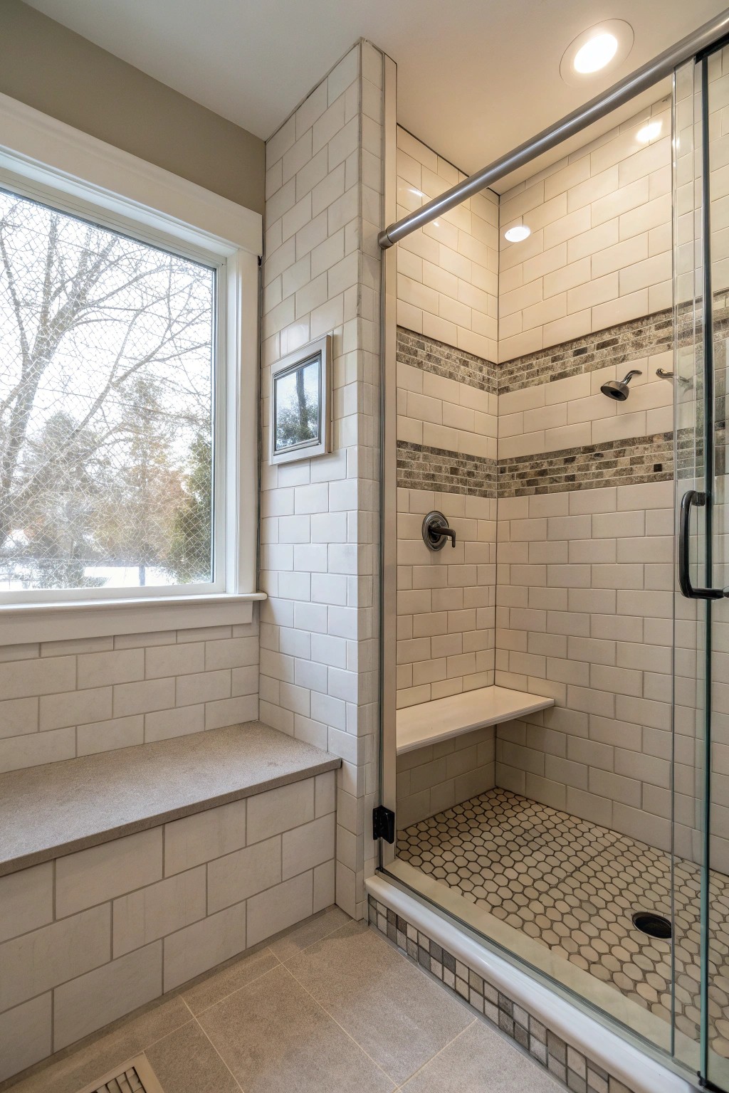 A built-in shower bench adds both function and comfort.