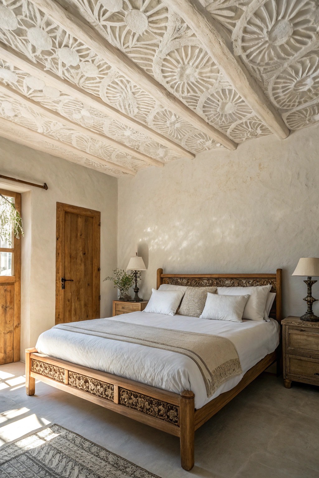 Elevate your small bedroom with a dreamy, textured ceiling for effortless charm.