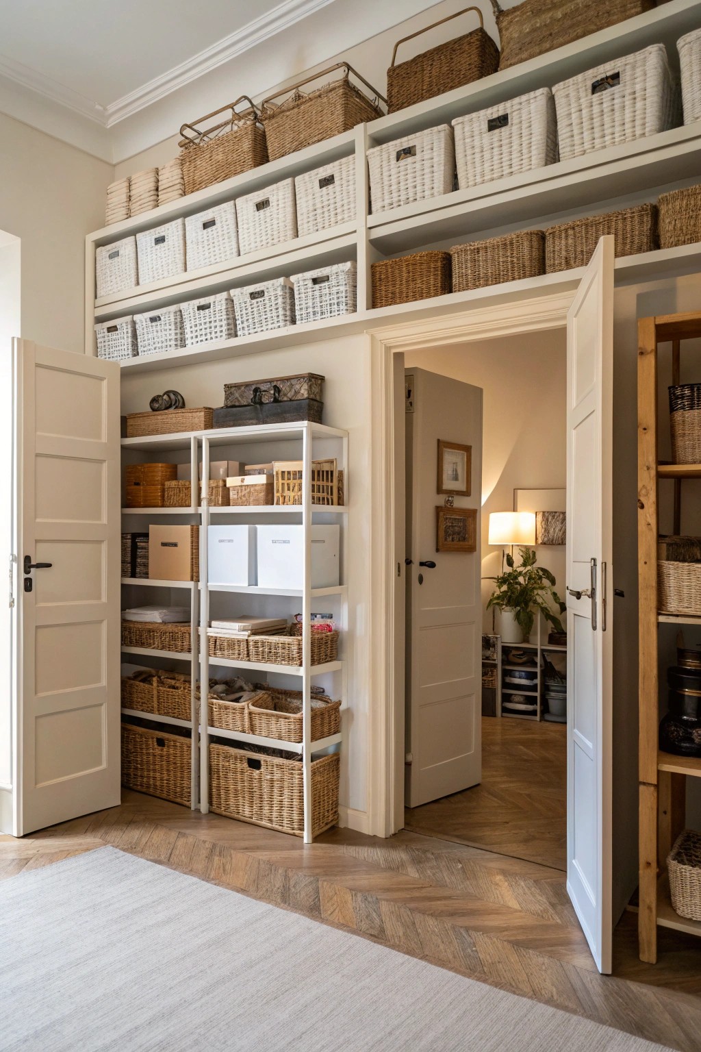 Top-shelf storage frees up valuable real estate below.