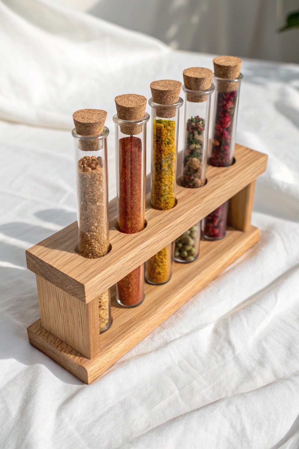 Elegant test tube spice rack—a blend of science and natural beauty.