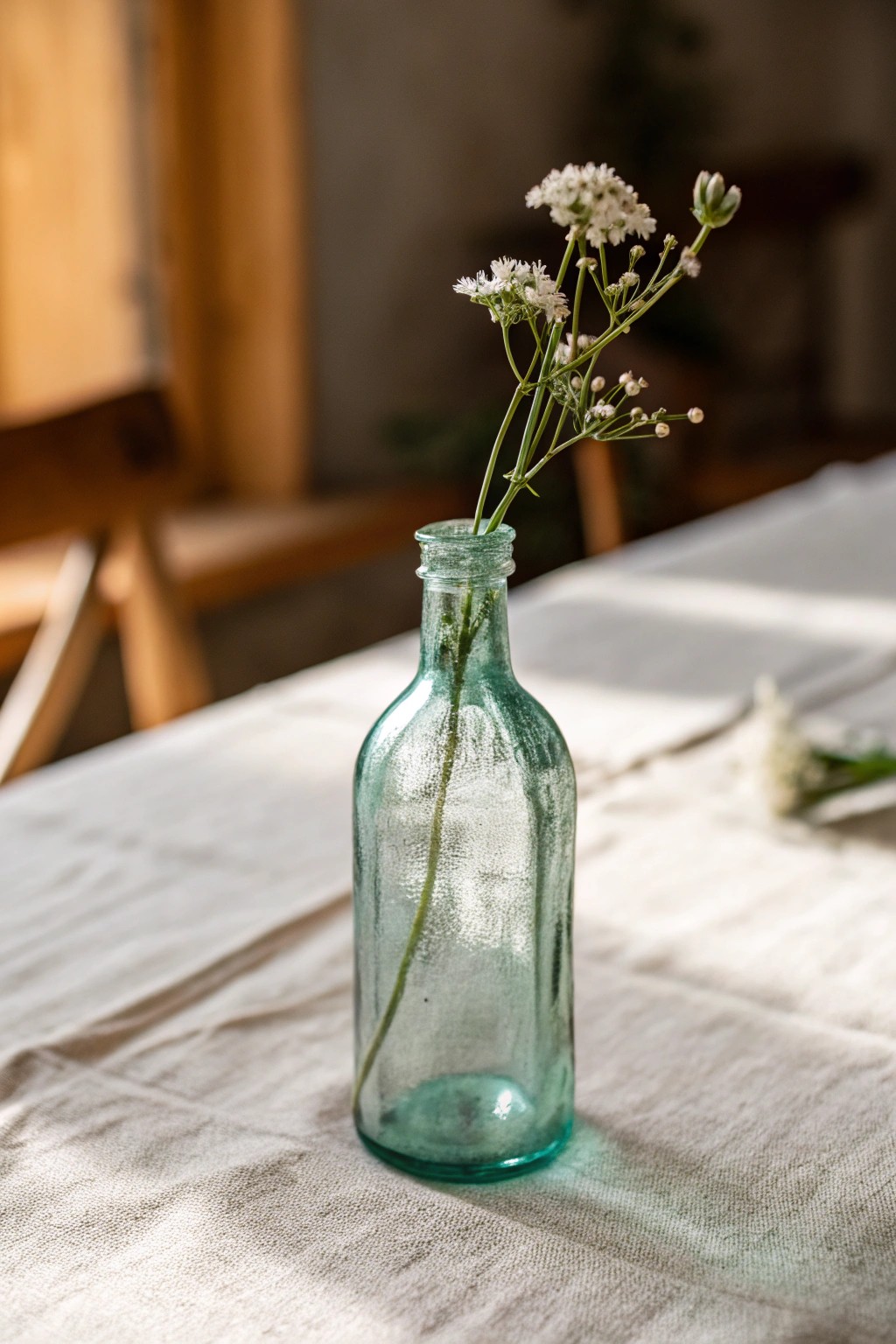 Timeless elegance: a single stem in a vintage glass bottle centerpiece.