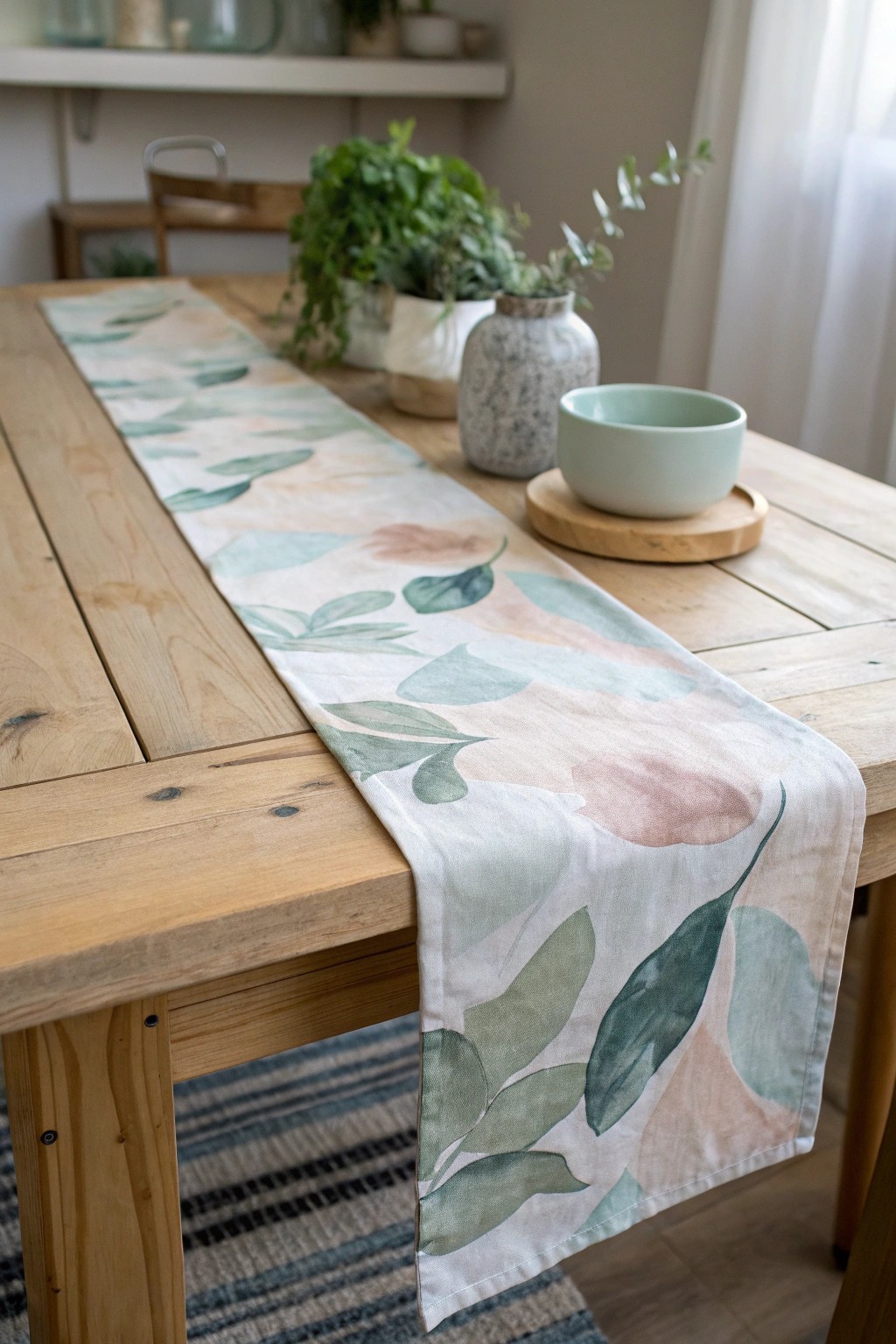 Elevate your table with a hand-painted runner—artful simplicity meets natural beauty.
