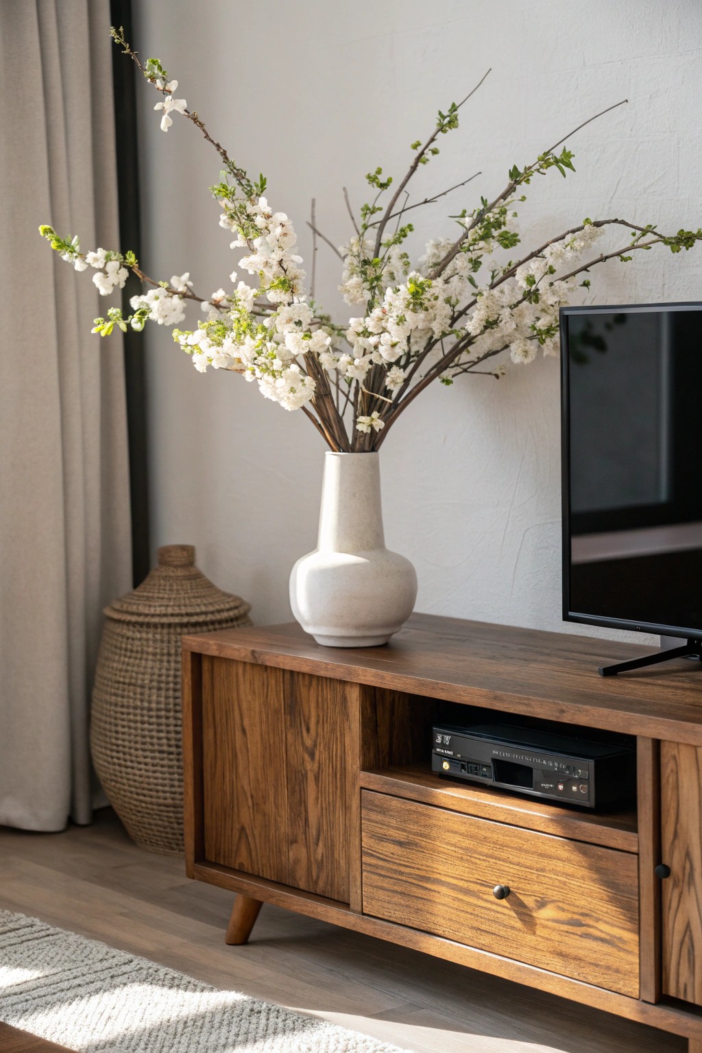 Refresh your TV stand with simple seasonal touches for effortless style year-round.
