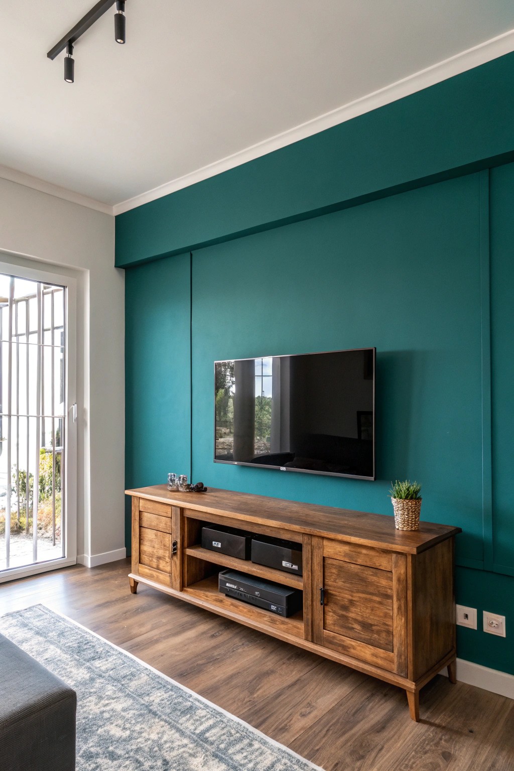 Go bold: a deep teal accent wall transforms your TV area into a stunning focal point.
