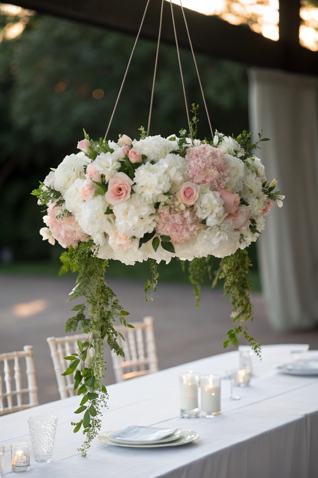Elevate your wedding with a dreamy hanging floral cloud centerpiece.