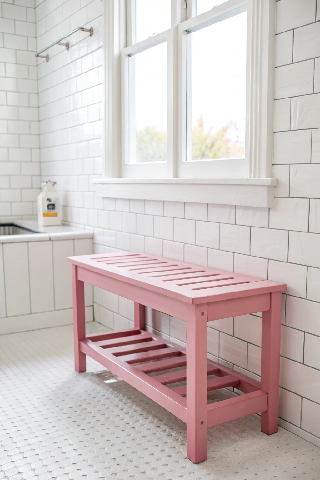 A pop of pink: handcrafted bench brings personality to an all-white bathroom.