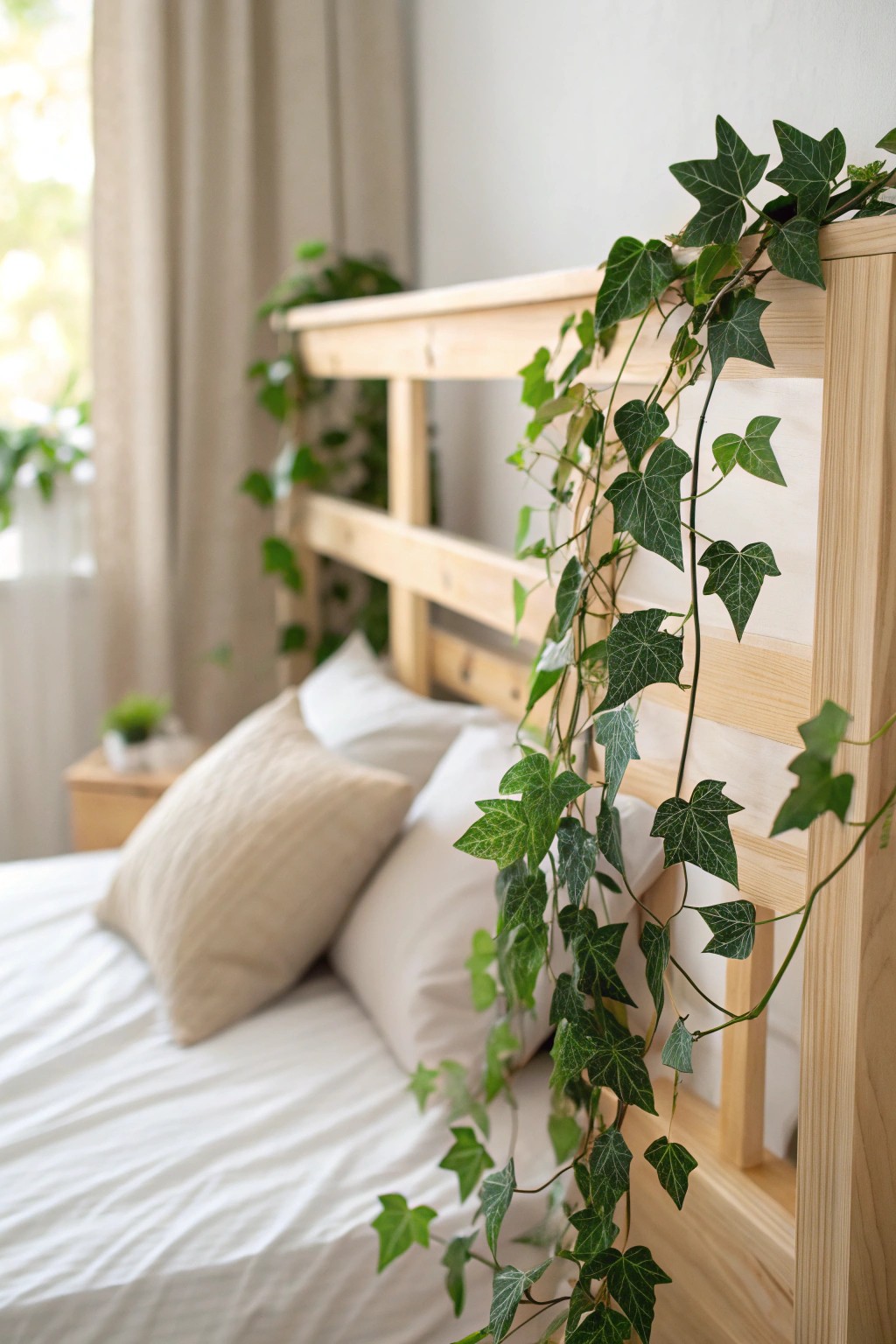 Whimsical charm: a faux plant vine brings playful beauty to a serene bedroom.