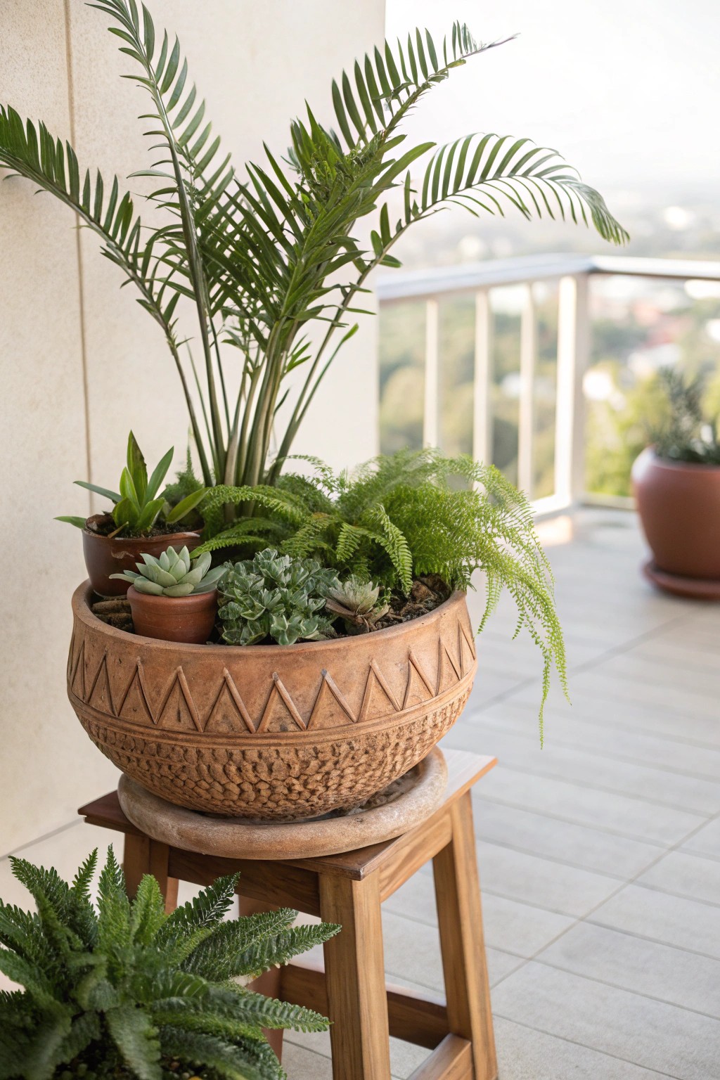 Bring the jungle home—layered greenery in a handcrafted planter for a dreamy patio escape.