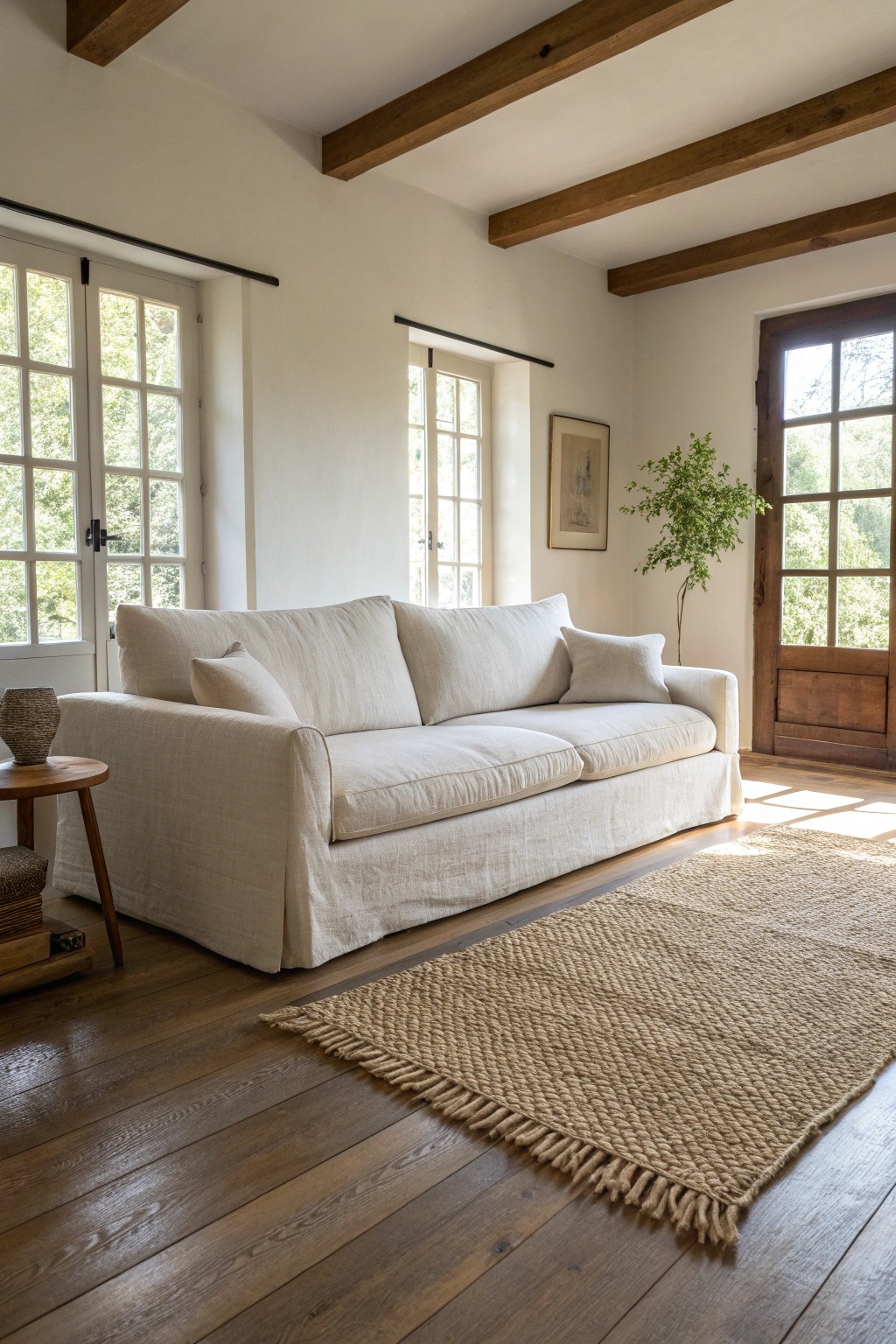 A diagonal sofa creates harmony in an awkward space—simple, natural, and uniquely inviting.