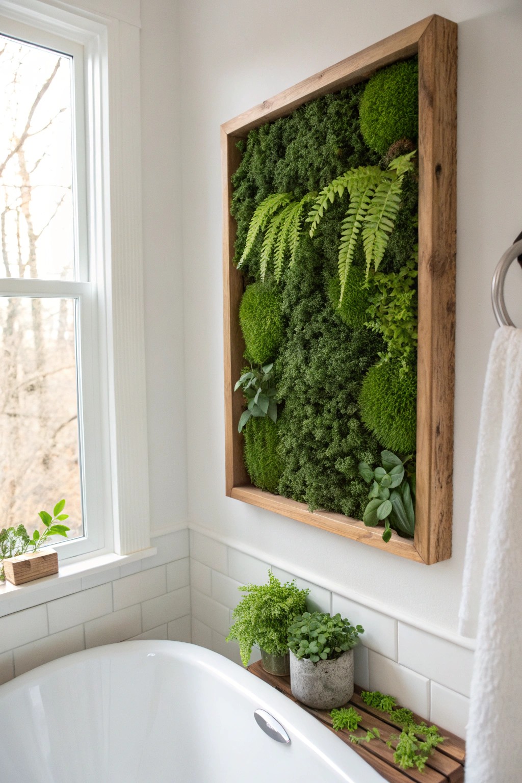 Bring nature indoors with a handcrafted living wall panel—a touch of fresh greenery for your bathroom sanctuary.