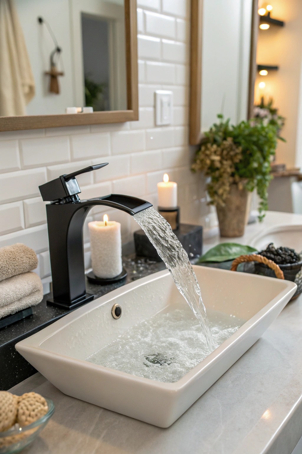 A waterfall faucet paired with a stylish sink brings calm and elegance to every wash