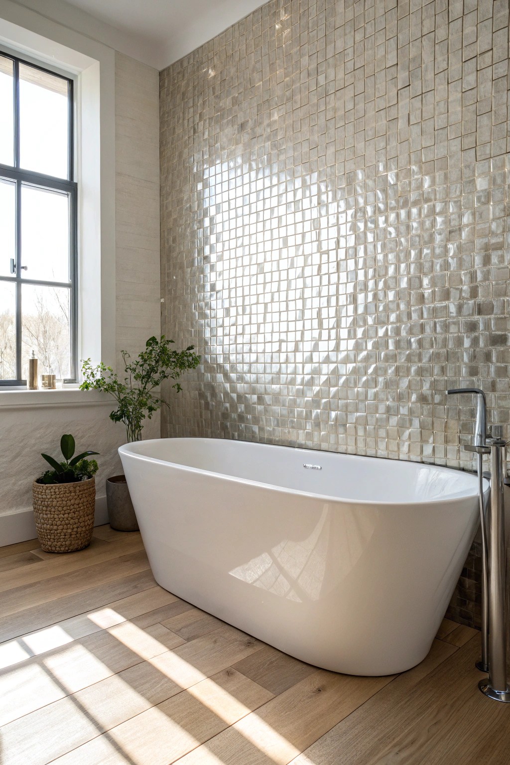 Elevate your bath with handcrafted mirrored tiles—where artistry meets reflection.