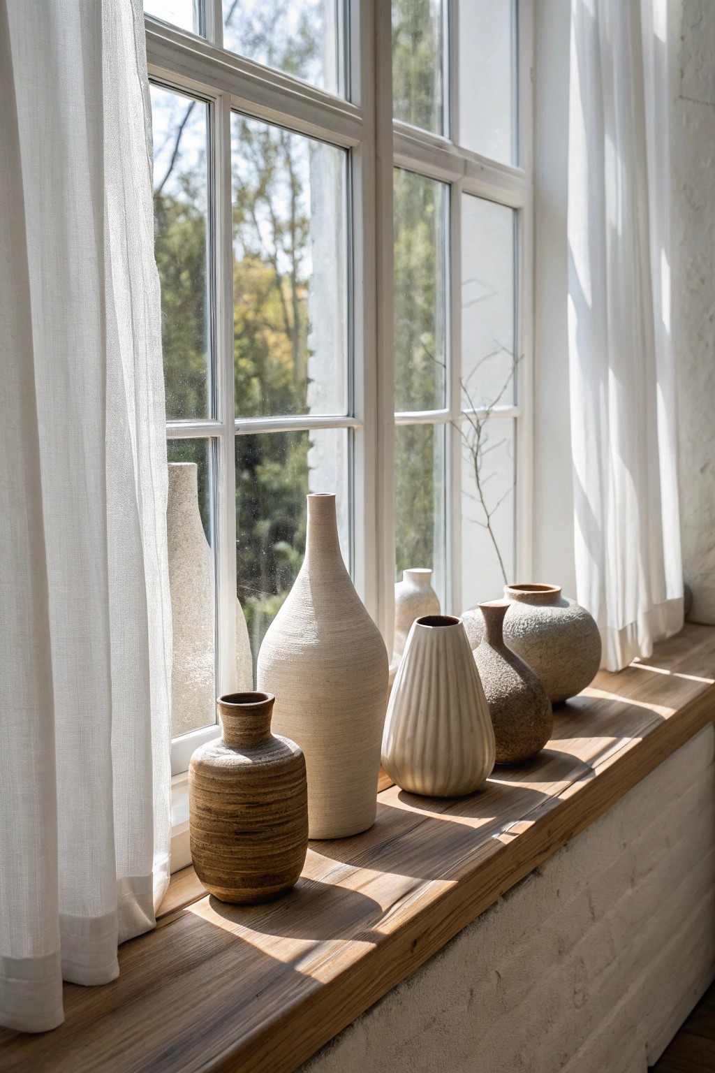 Curate your bay window ledge with handcrafted ceramics for a serene, gallery-inspired vibe.