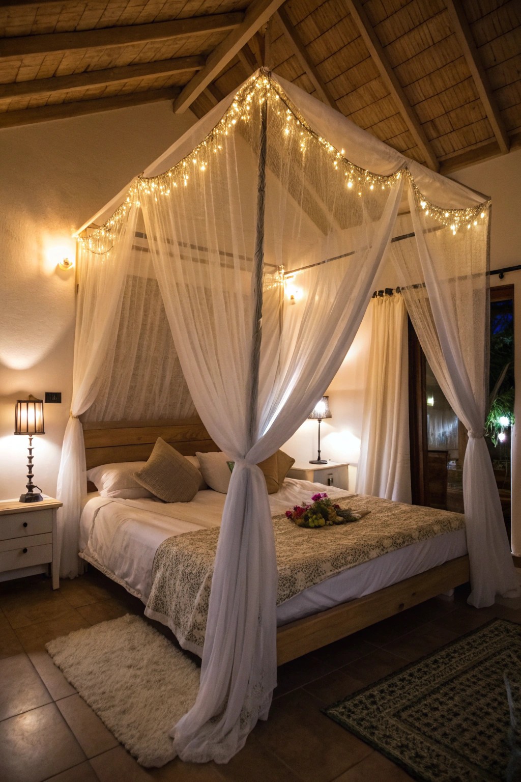 A canopy lends architectural drama and an intimate, dreamy vibe.