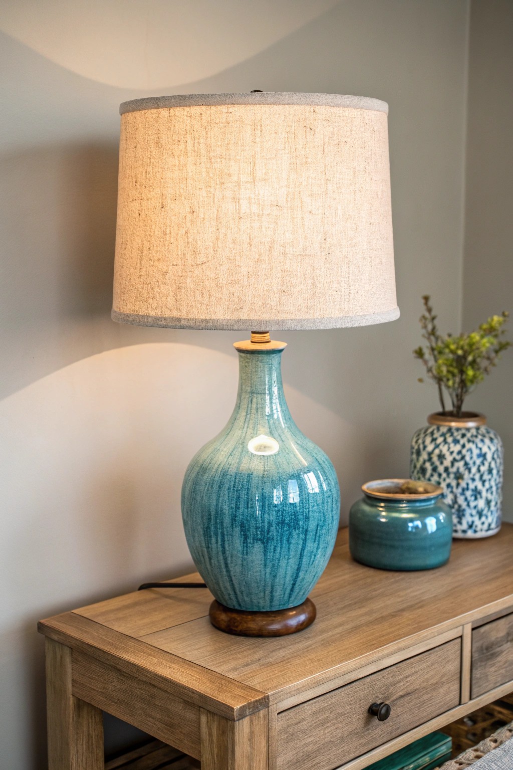 A handcrafted blue-glazed lamp brings subtle glow and artistry to a serene living space.