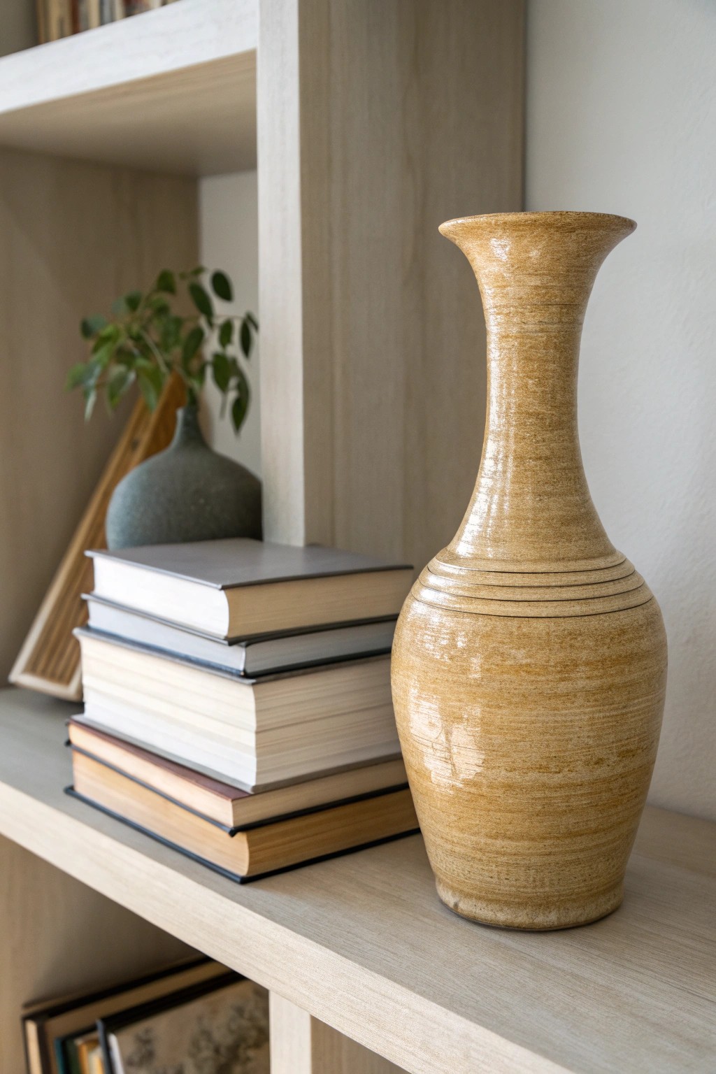 Elevate your shelf: Mix tall vases with book stacks for effortless style.