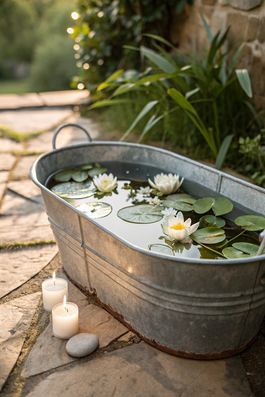 Transform a simple galvanized tub into a stunning backyard mini pond with just water, plants, and candles.