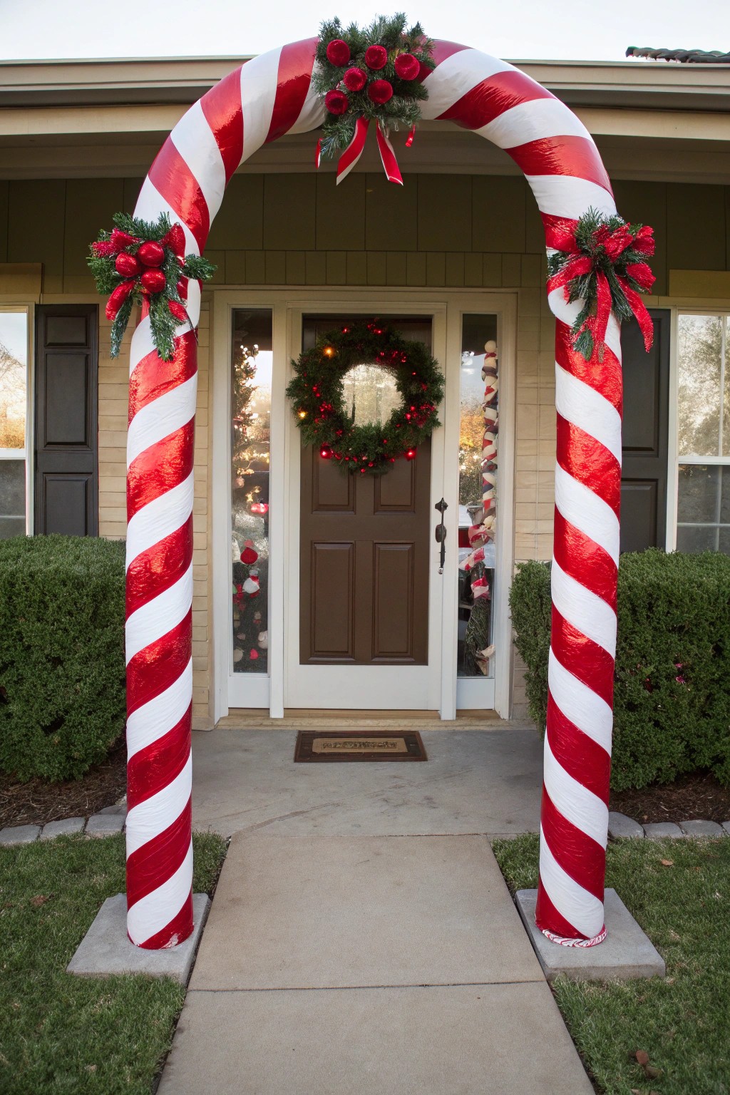 Giant candy canes create a playful, larger-than-life holiday entrance.