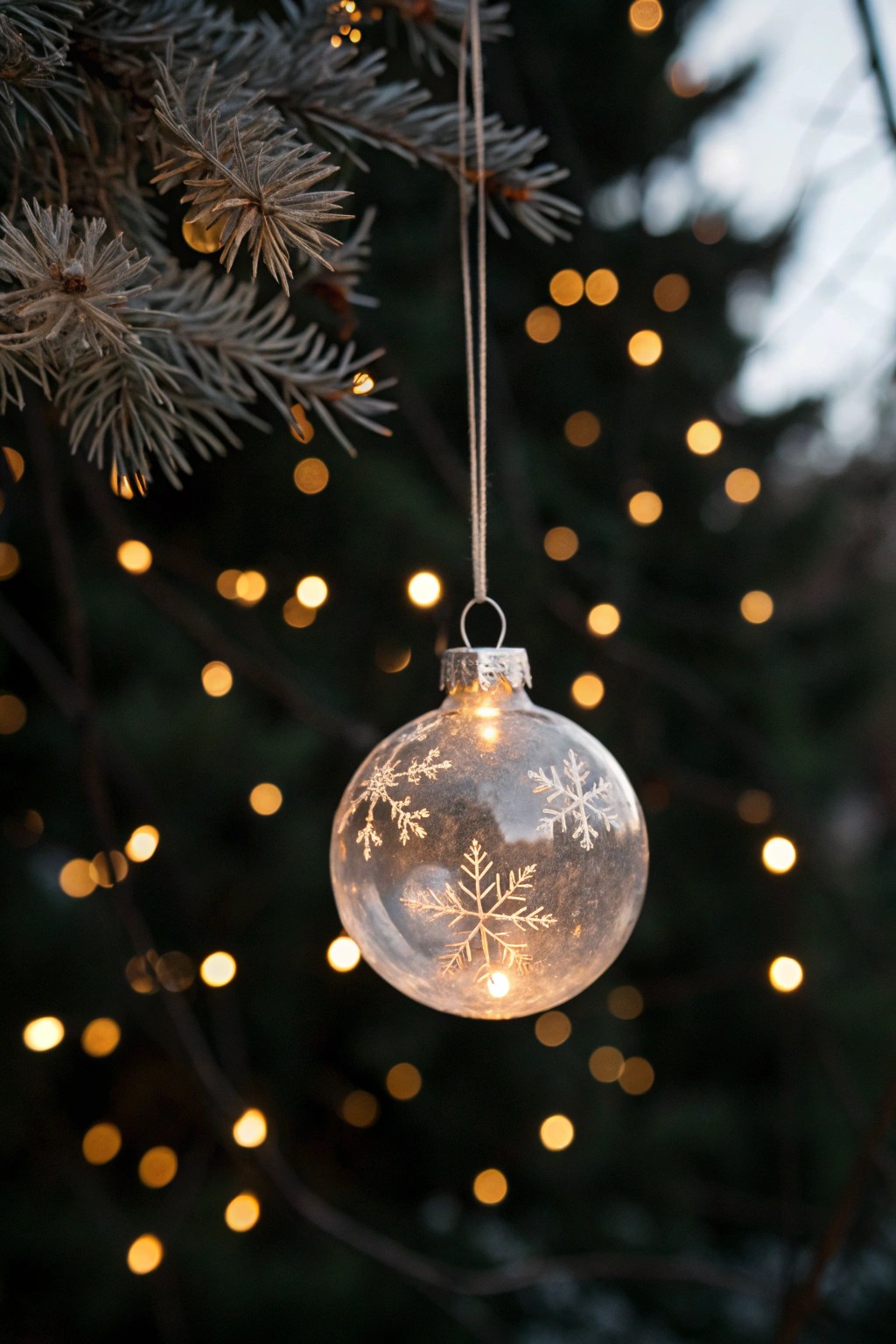 A glowing Christmas ornament—simple beauty illuminated by festive lights.